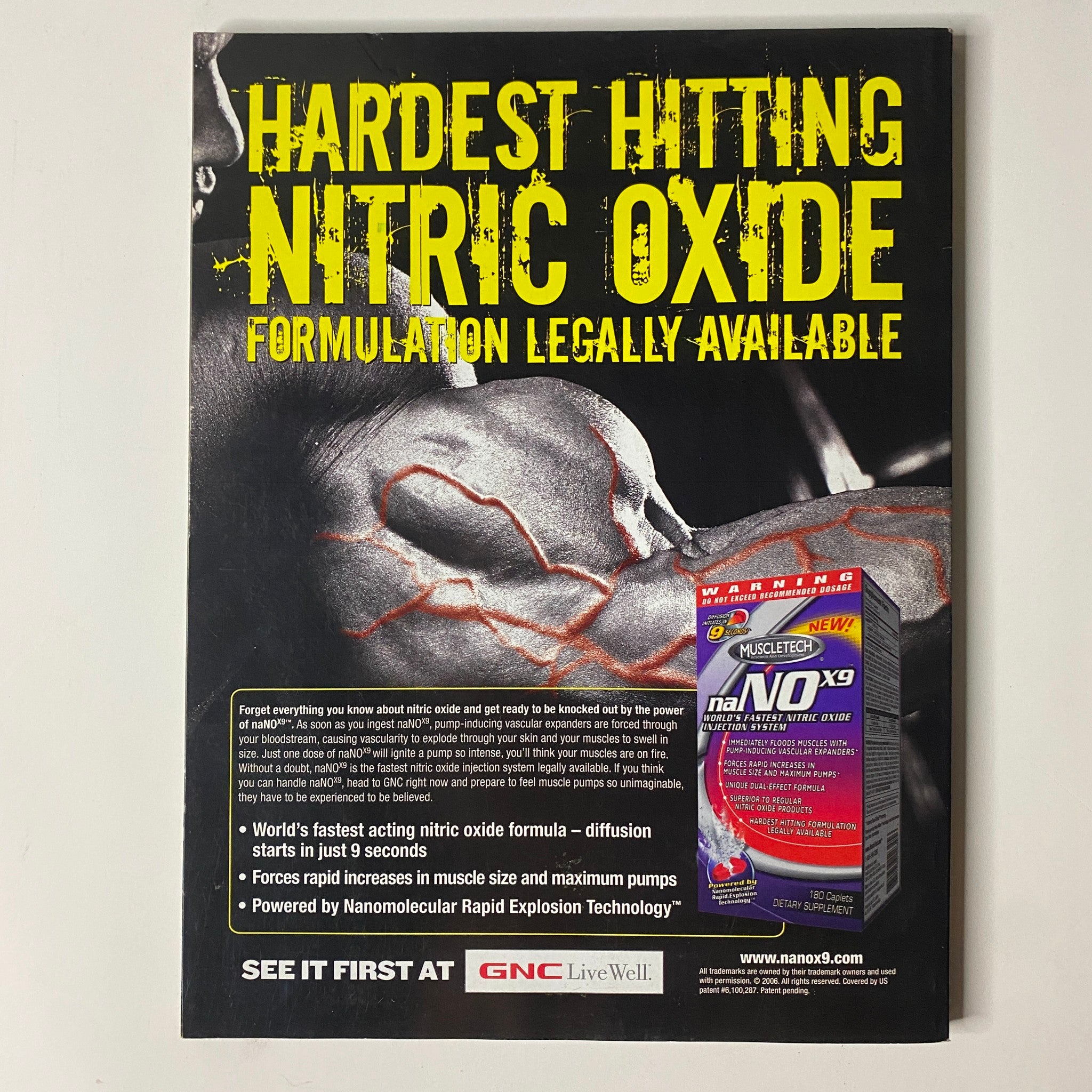 Advertisement for MuscleTech's nitric oxide product from Muscle & Fitness Magazine November 2006, emphasizing its fast-acting formulation and benefits for muscle performance.