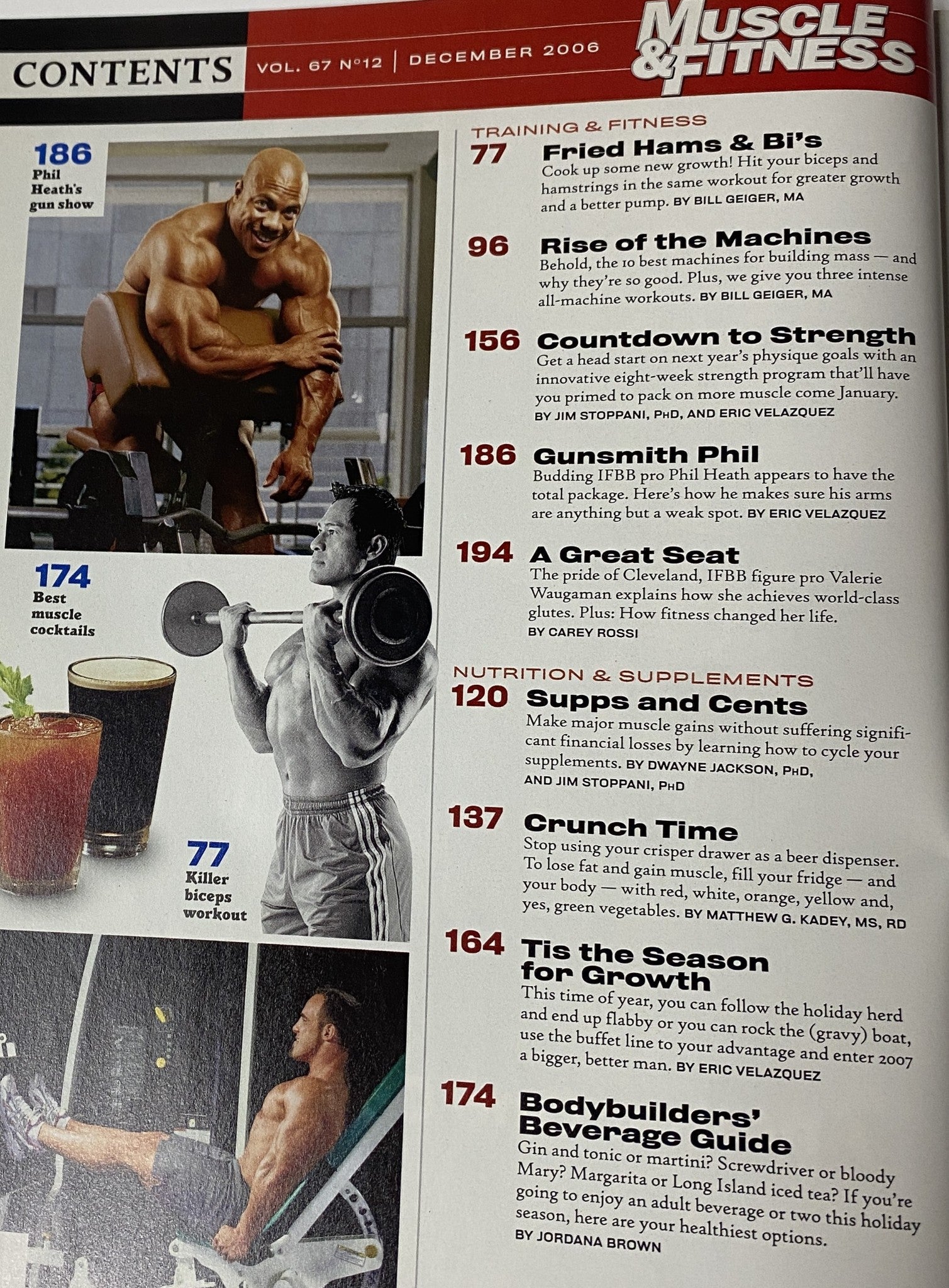 Contents page of Muscle & Fitness Magazine December 2006 Vol 67 No. 12 highlighting featured articles including workouts and holiday nutrition tips.