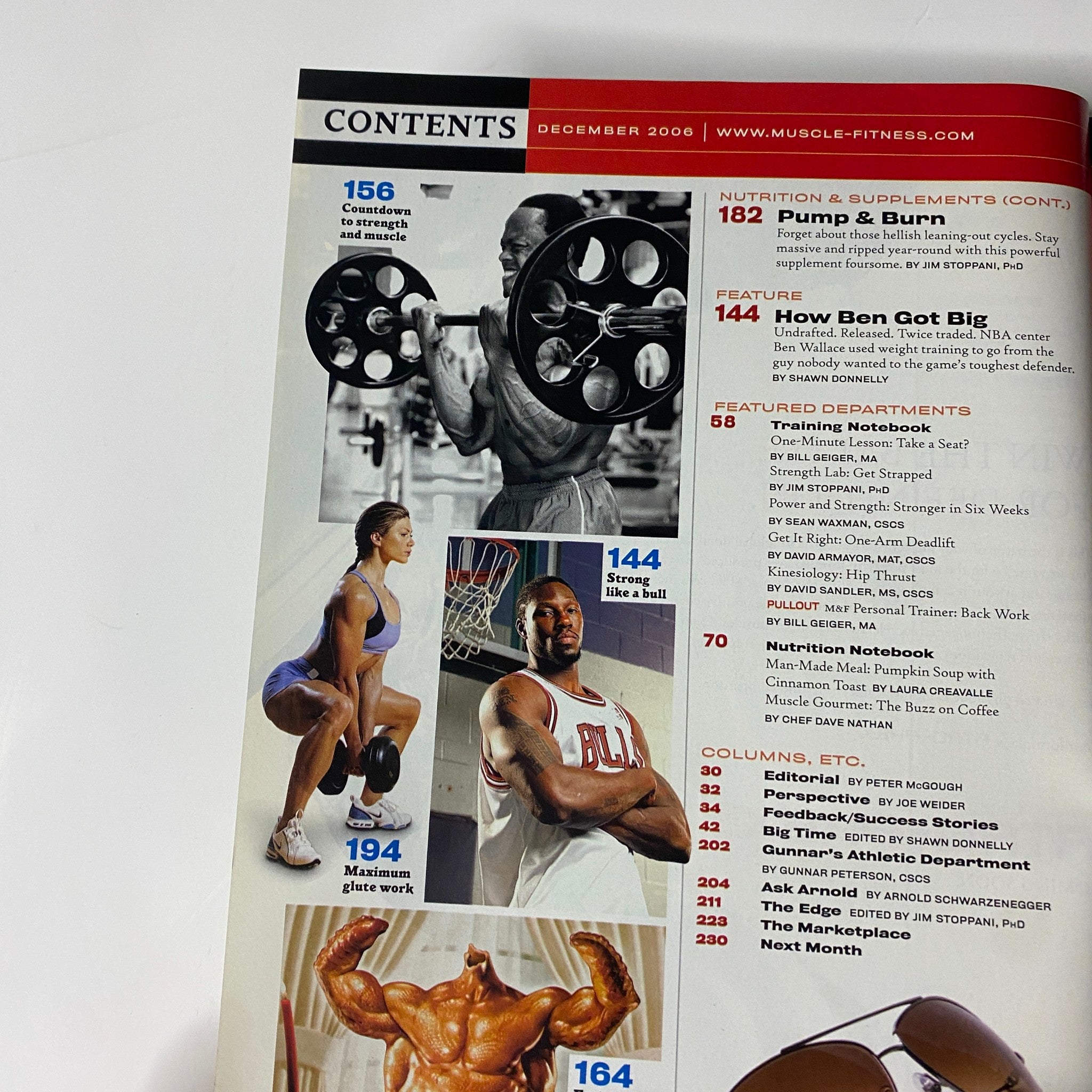 Muscle & Fitness Magazine December 2006, Vol. 67, No. 12 - Contents page featuring fitness visuals including a woman performing a glute exercise and NBA player Ben Wallace showcasing weightlifting - Very Good Condition cover.