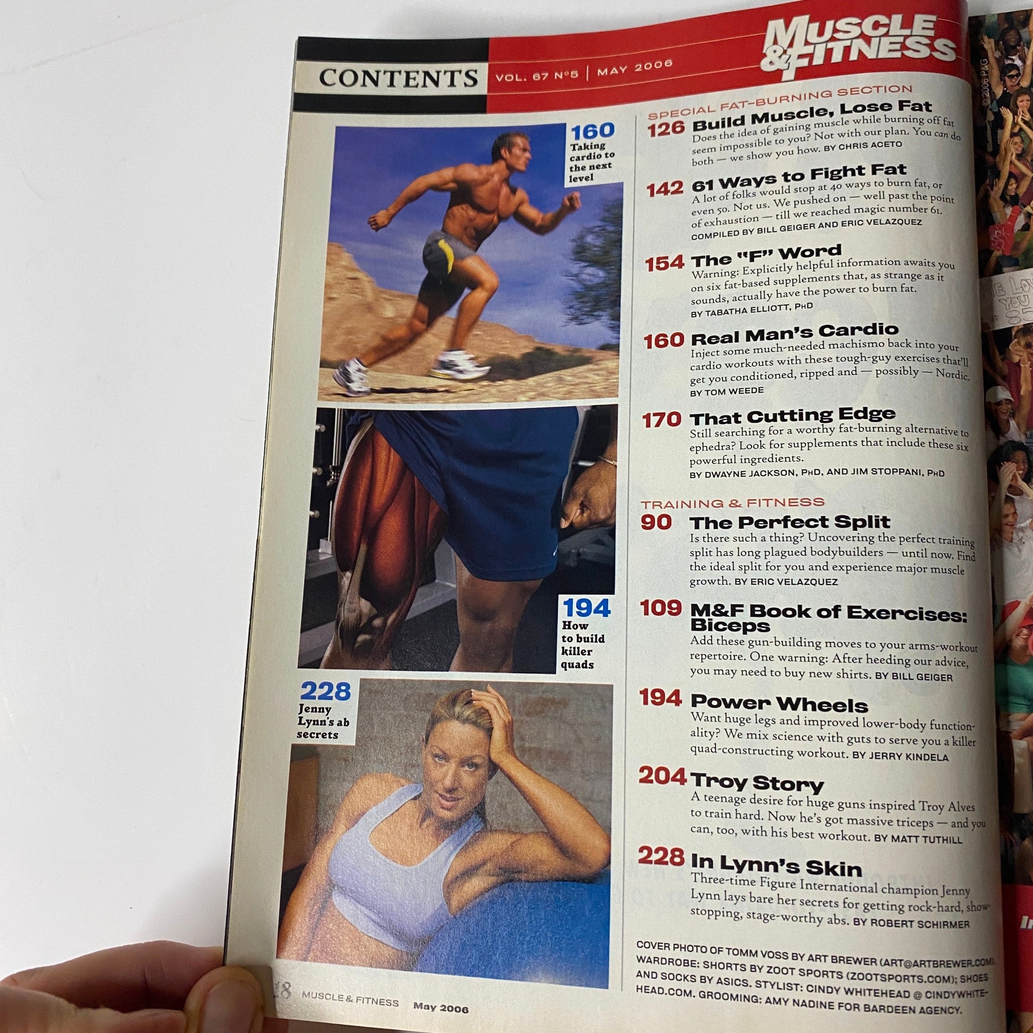 Contents page of Muscle & Fitness Magazine May 2006 Vol 67 No. 5, highlighting articles on fat loss strategies, muscle building, and training techniques.
