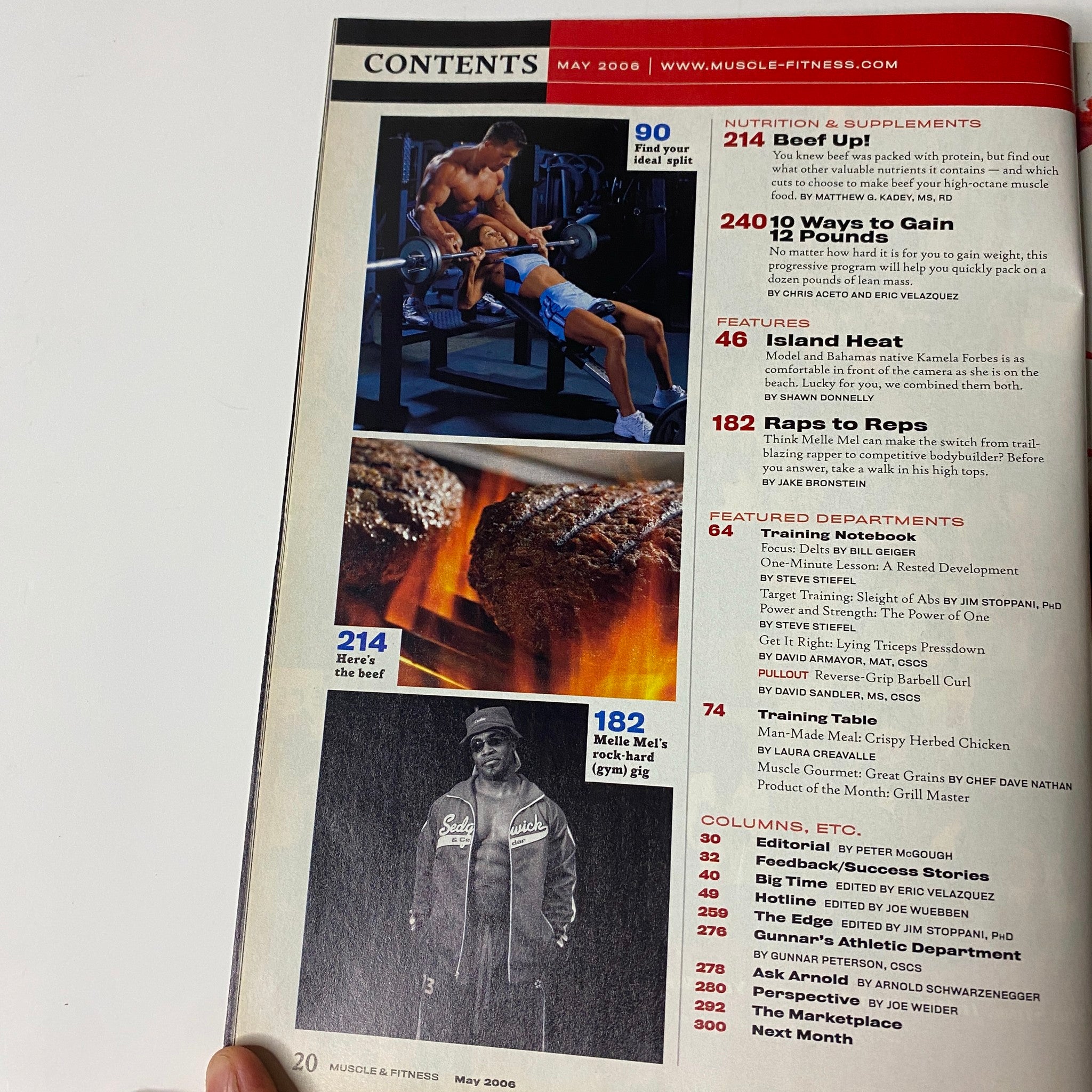 Contents page of Muscle & Fitness Magazine May 2006 Vol 67 No. 5, featuring articles on nutrition, supplement guidance, and fitness routines.