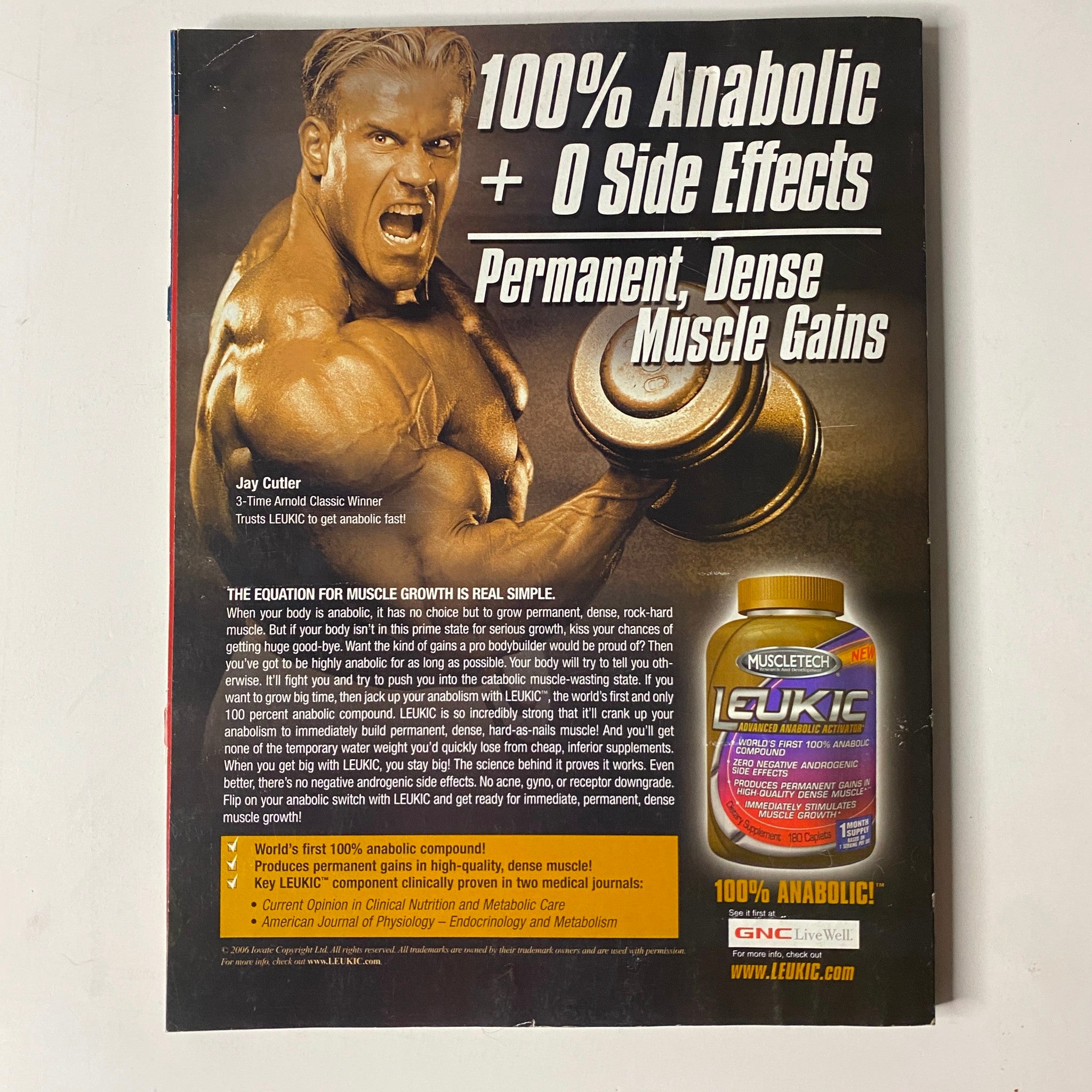 Back cover of Muscle & Fitness Magazine May 2006 Vol 67 No. 5 featuring an advertisement for MuscleTech's product claiming '100% Anabolic + 0 Side Effects' with a focus on permanent, dense muscle gains, alongside a photo of Jay Cutler, a fitness model and champion bodybuilder.
