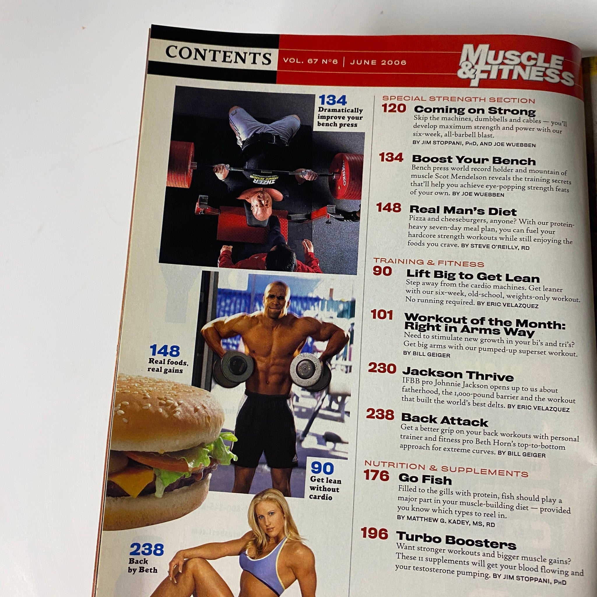 Contents page of Muscle & Fitness Magazine June 2006, highlighting various articles including workouts and nutrition tips.