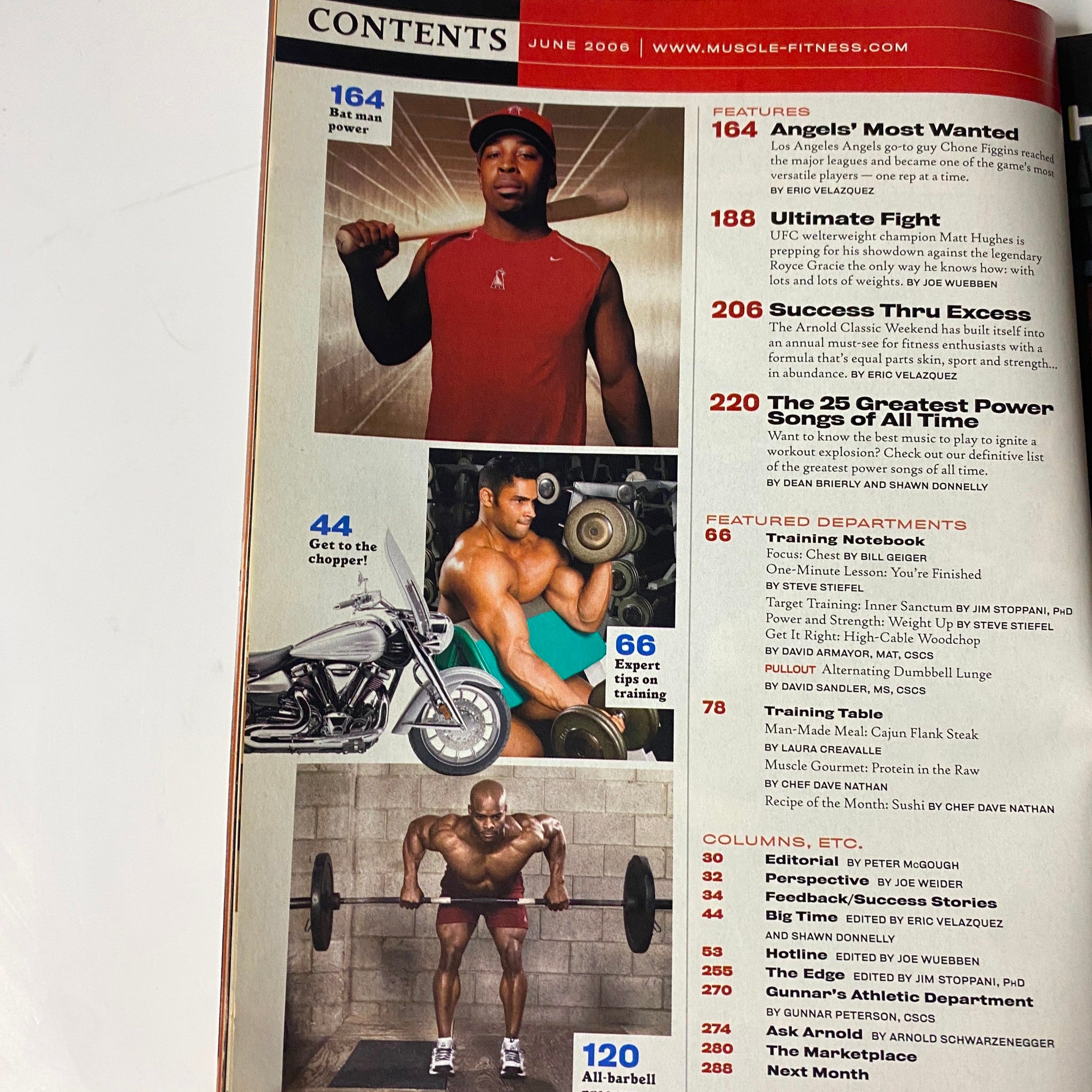 Contents page of Muscle & Fitness Magazine June 2006, featuring articles like 'Angels’ Most Wanted' and workout regimes for optimal fitness.