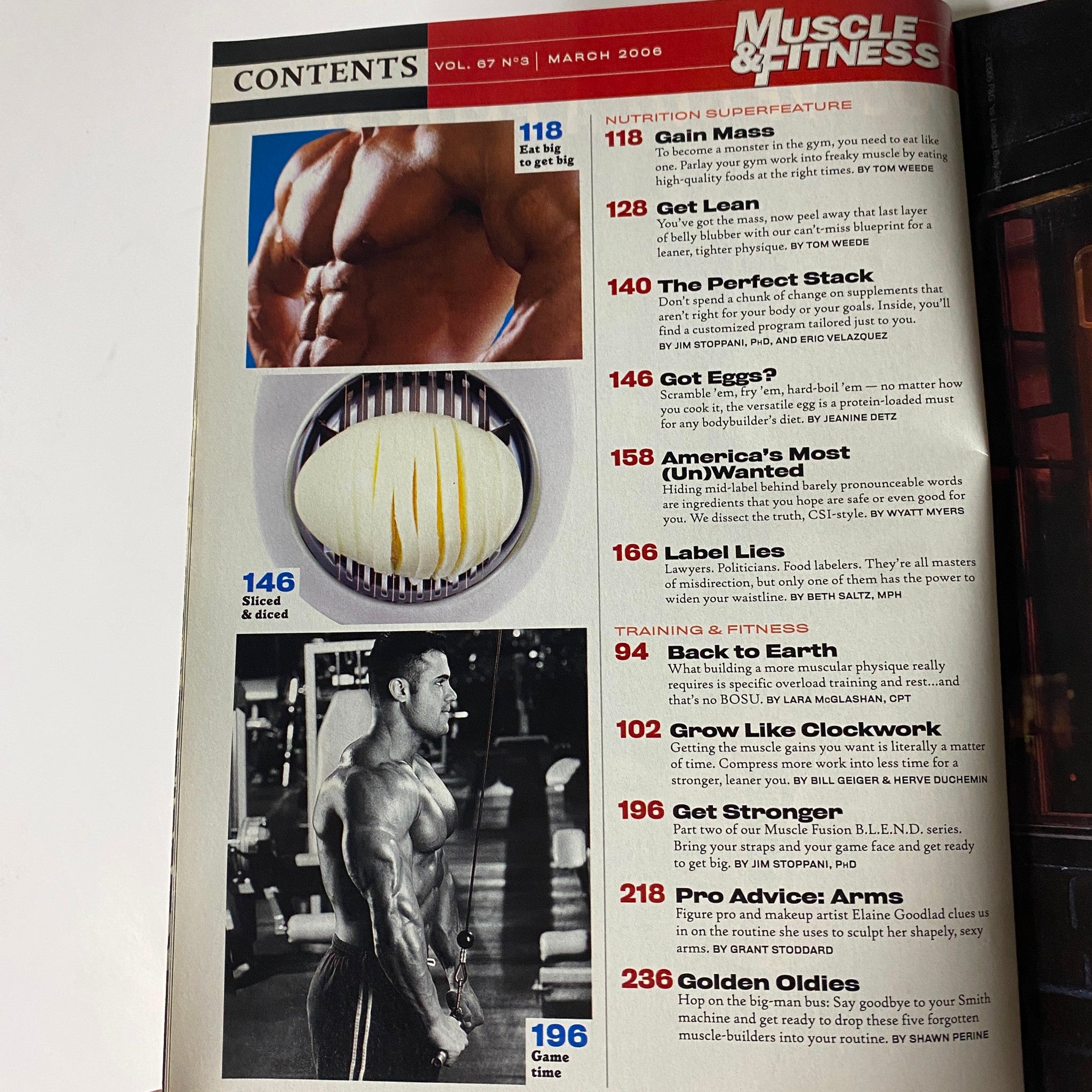 Contents page of Muscle & Fitness Magazine March 2006 Vol 67 No. 3, highlighting articles on nutrition, training tips, and bodybuilding insights.