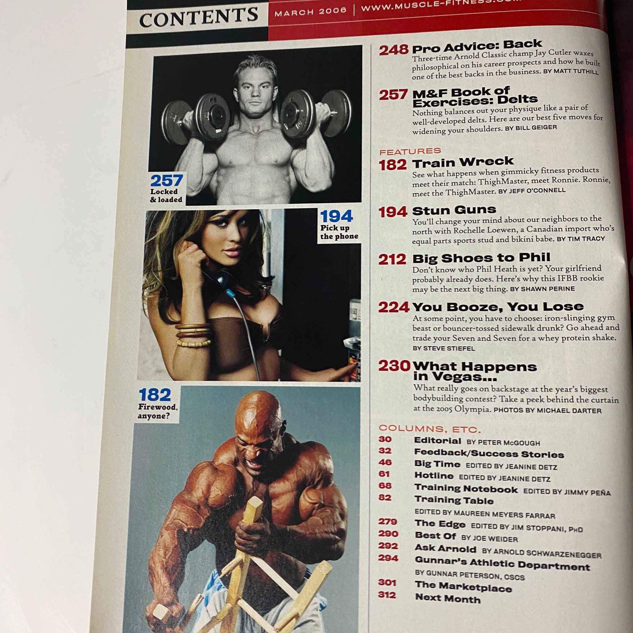Second contents page of Muscle & Fitness Magazine March 2006 Vol 67 No. 3, featuring articles and images of bodybuilders promoting fitness and nutrition.