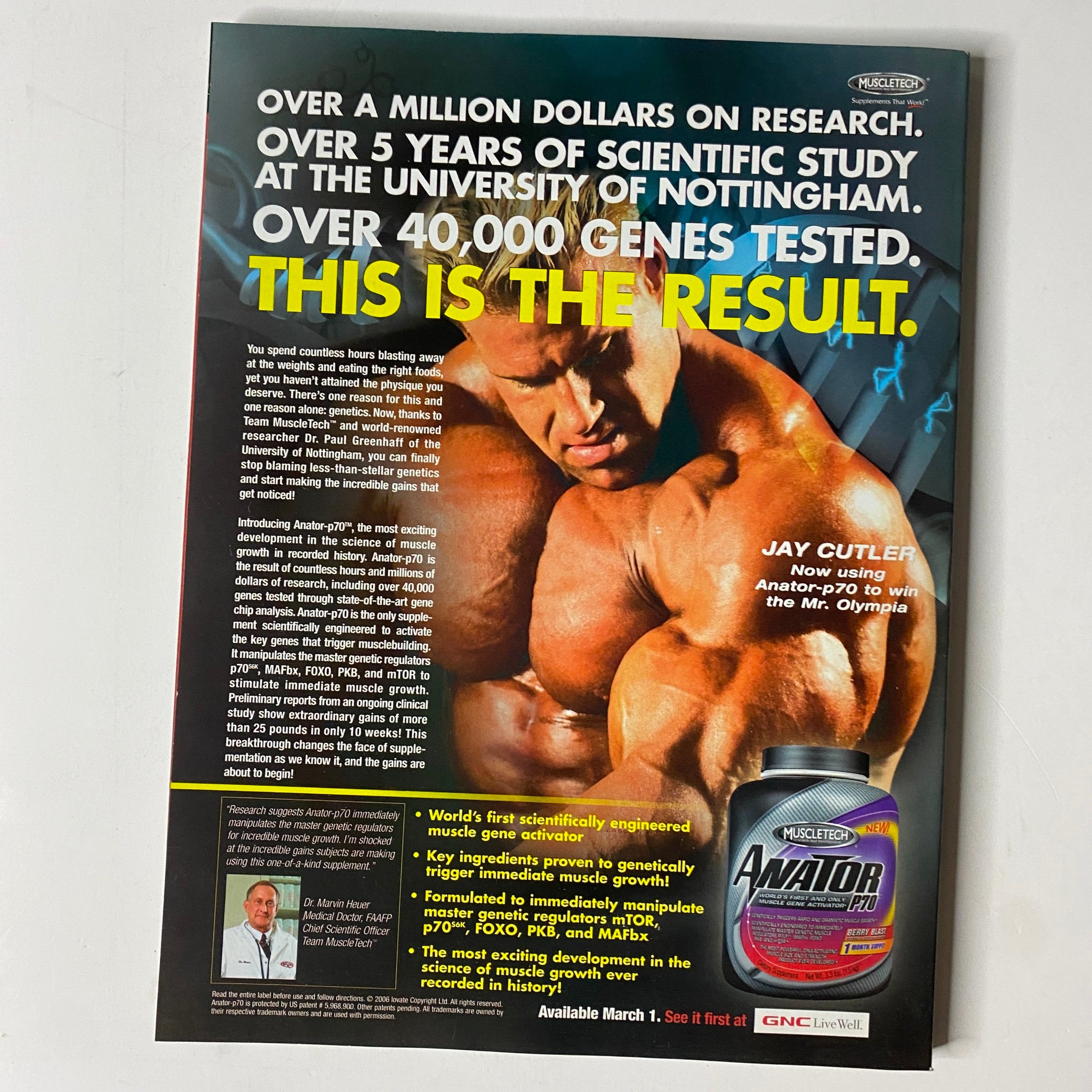 Promotional back cover of Muscle & Fitness Magazine March 2006 Vol 67 No. 3 highlighting research on bodybuilding, featuring Mr. Olympia Jay Cutler.