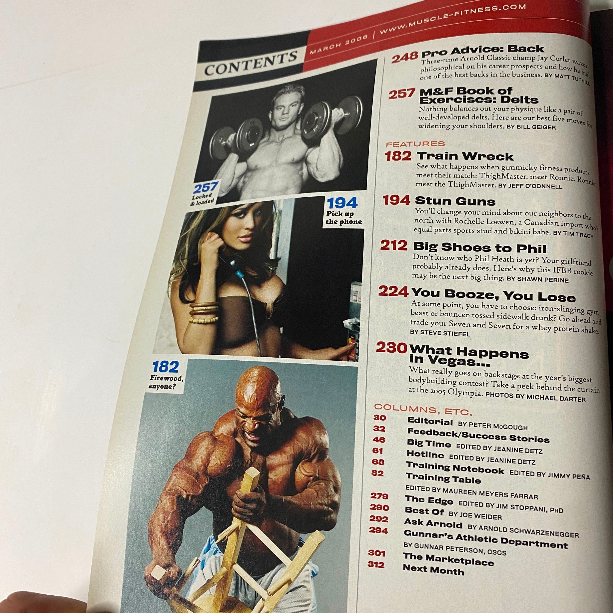 Muscle & Fitness Magazine March 2006 Vol 67 No. 3 - Contents page displaying features on fitness, including 'Pro Advice: Arms' and 'Train Wreck', highlighting various exercises and fitness controversies.