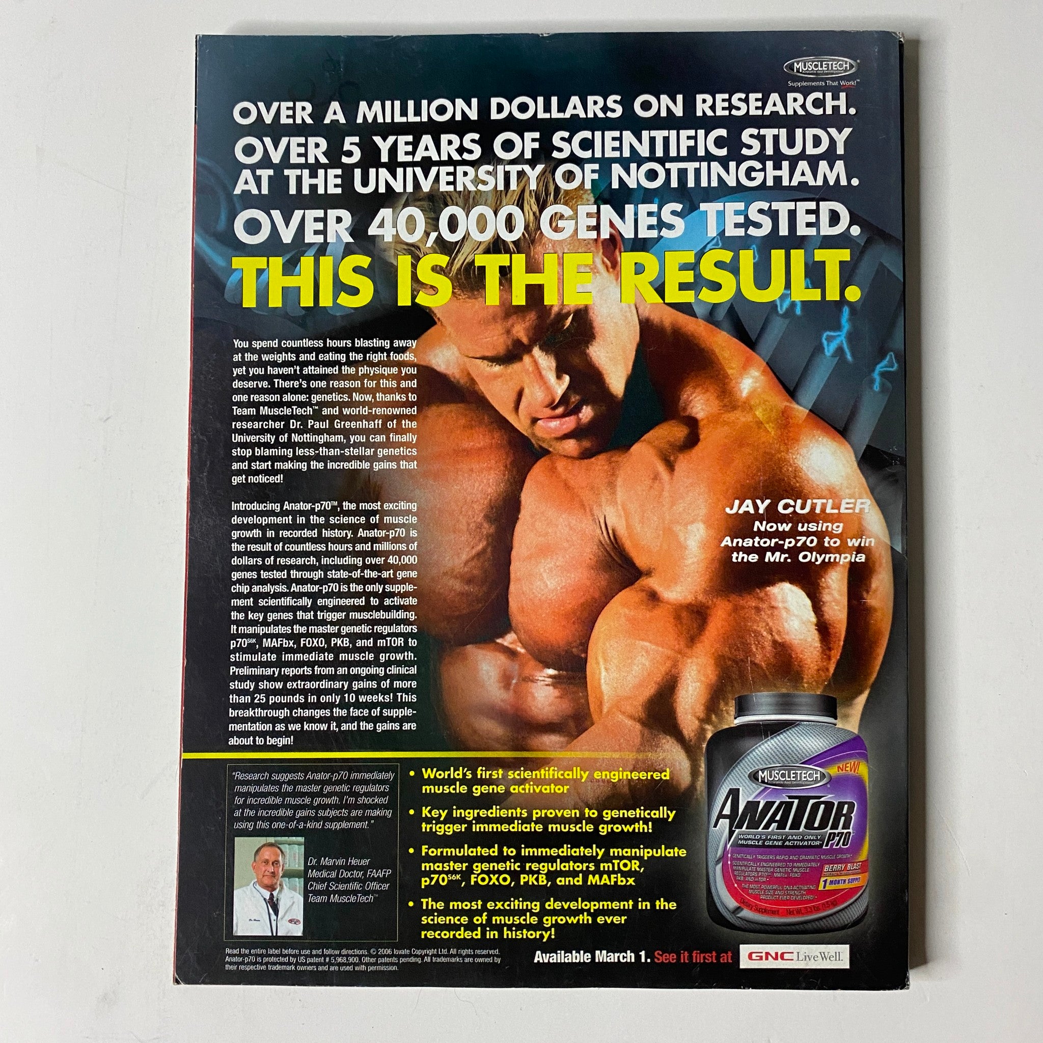 Muscle & Fitness Magazine March 2006 Vol 67 No. 3 - Back cover showcasing Jay Cutler, Mr. Olympia, promoting genetic engineering in bodybuilding supplements.