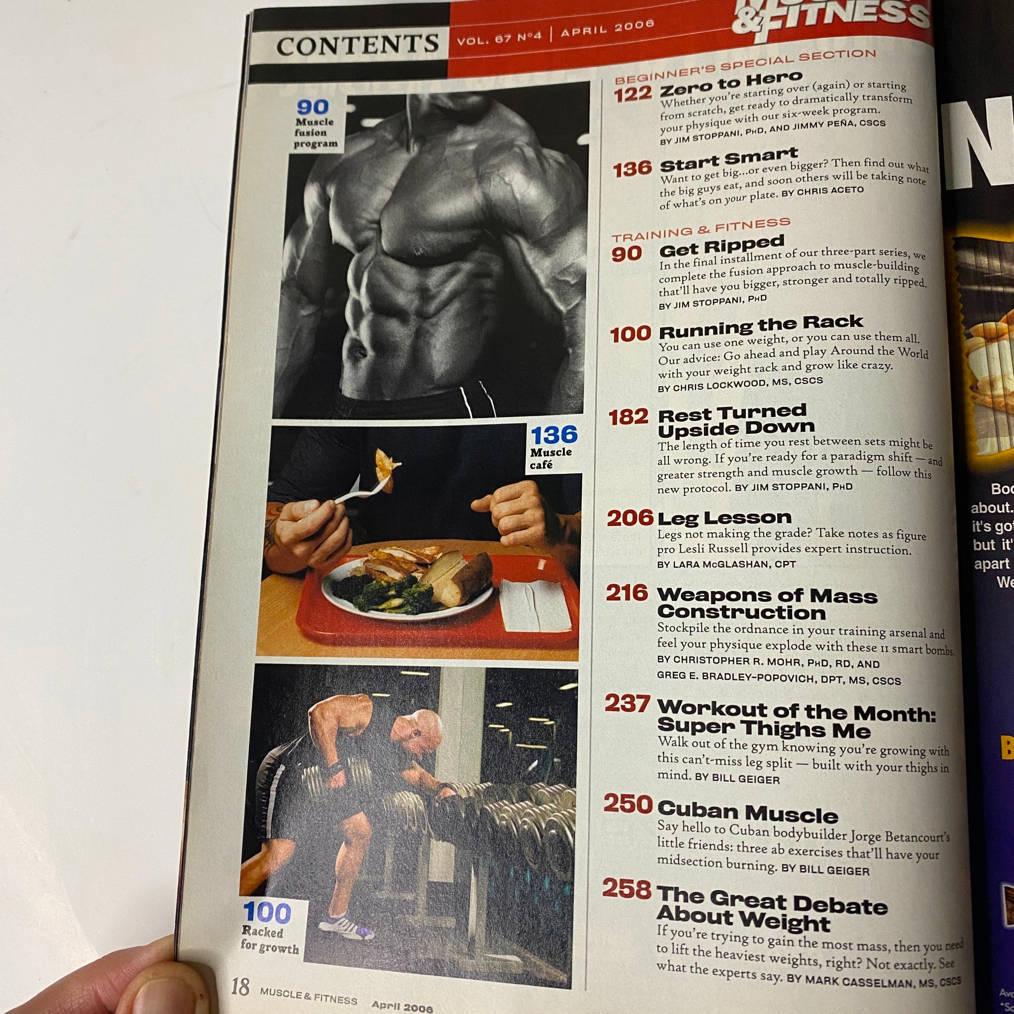Contents page of Muscle & Fitness Magazine April 2006 Vol 67 No. 4, highlighting articles like Zero to Hero, Start Smart, and running techniques for fitness enthusiasts.