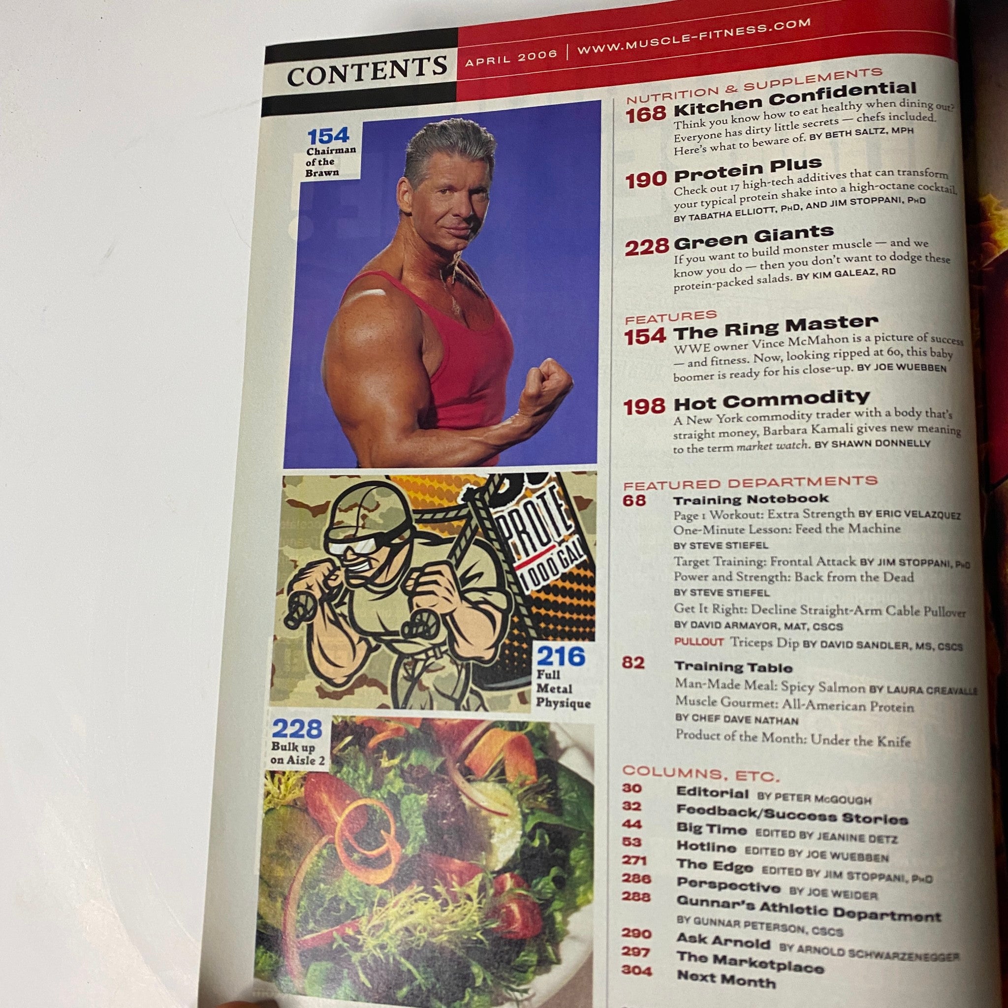 Contents page of Muscle & Fitness Magazine April 2006 Vol 67 No. 4 featuring Vince McMahon, showcasing articles on nutrition, workouts, and fitness tips.