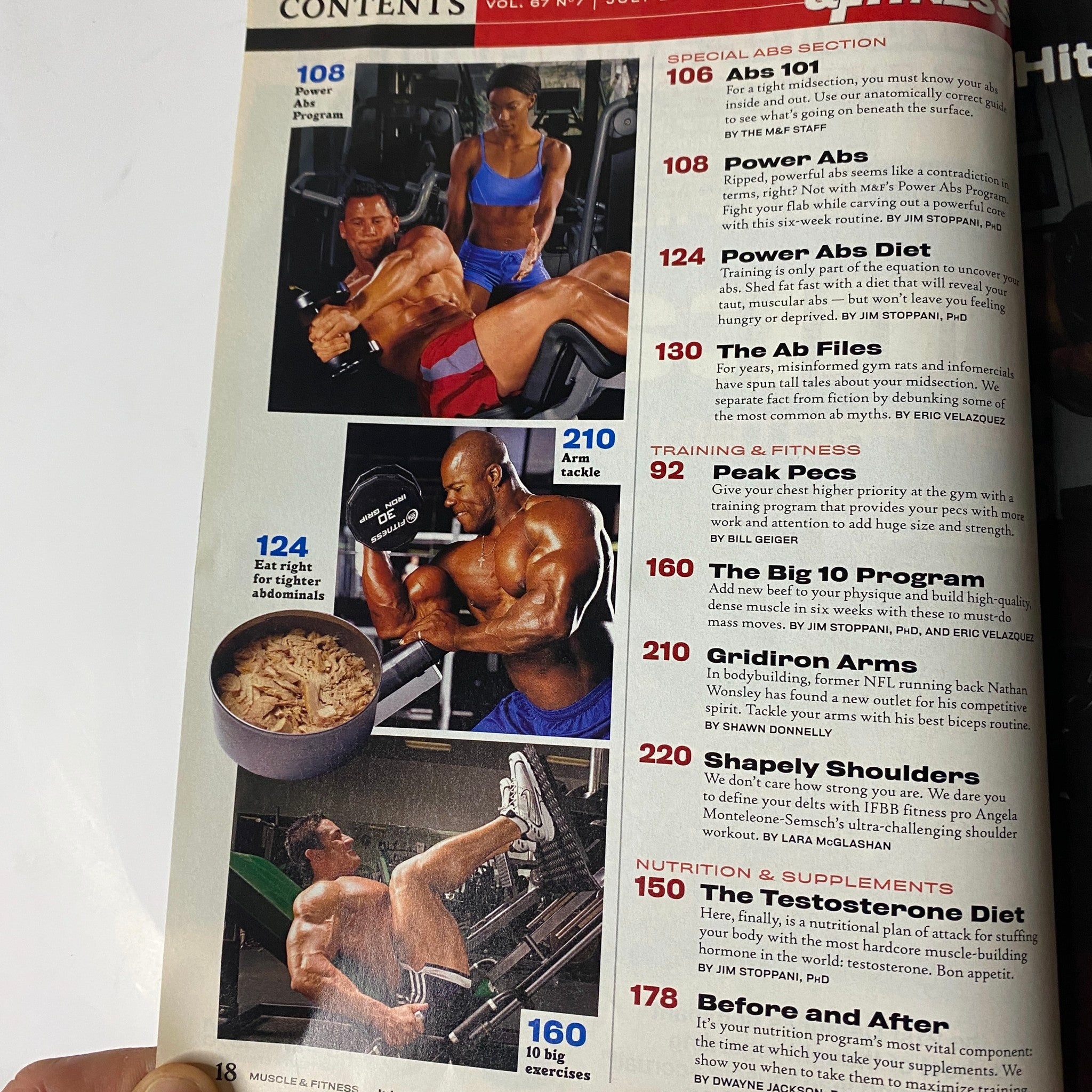 A contents page showcasing articles from Muscle & Fitness Magazine July 2006, Vol 67 No. 7, featuring sections on Abs 101, Power Abs, Peak Pecs, and more, with images of fitness exercises.