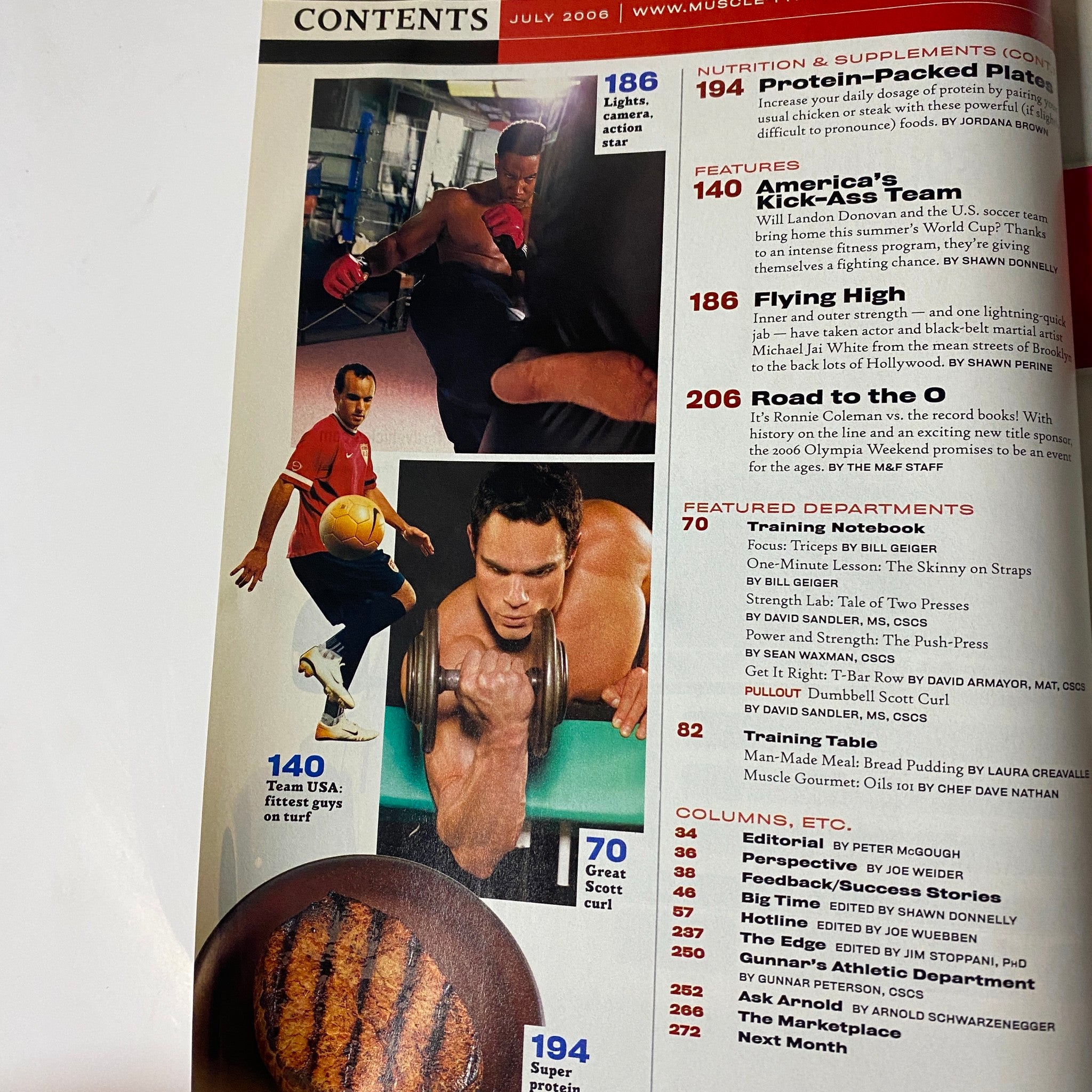 Another contents page of Muscle & Fitness Magazine July 2006, Vol 67 No. 7, highlighting features like 'America's Kick-Ass Team' and 'Road to the O,' alongside nutrition and fitness tips.