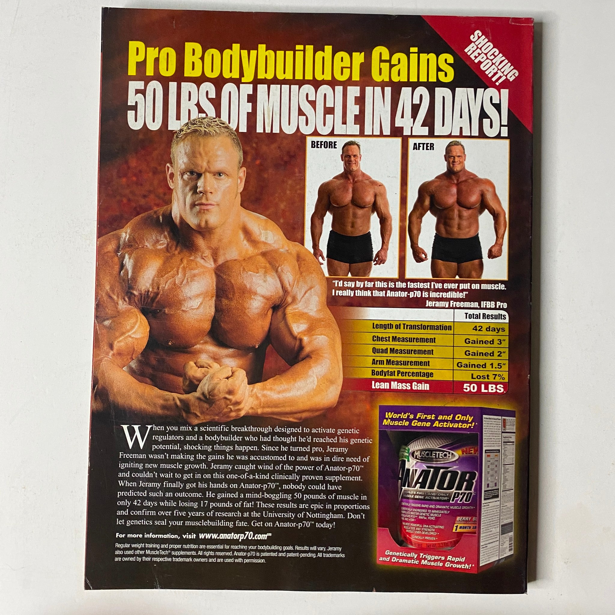 An advertisement promoting massive muscle gains, showing a bodybuilder's transformation with a claim of gaining 50 pounds in 42 days, from Muscle & Fitness Magazine July 2006, Vol 67 No. 7 Brian Wiefering Cover.