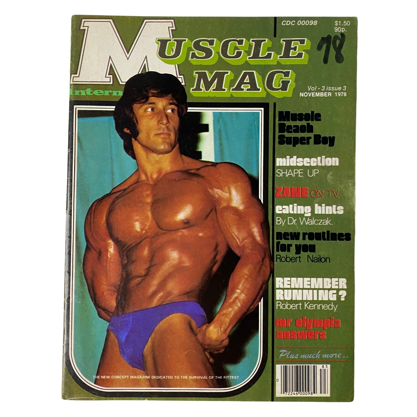Cover of MuscleMag International Magazine November 1978 featuring a muscular male model, promoting fitness and bodybuilding, with titles including 'Muscle Beach Super Boy' and 'Zane on TV'.