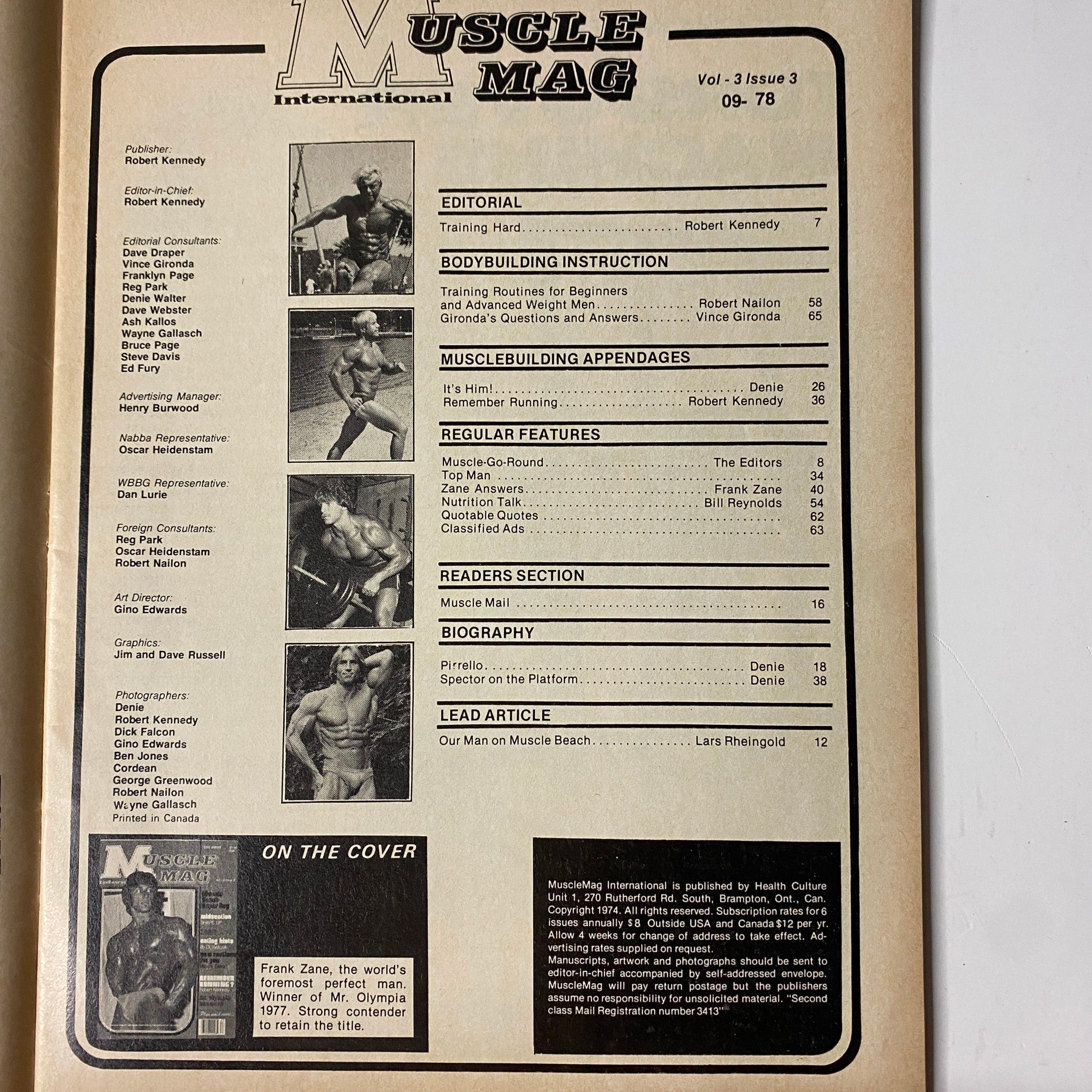 Inside page of MuscleMag International Magazine November 1978 showcasing the table of contents, including articles on training, bodybuilding instruction, and contributions from Robert Kennedy and Frank Zane.