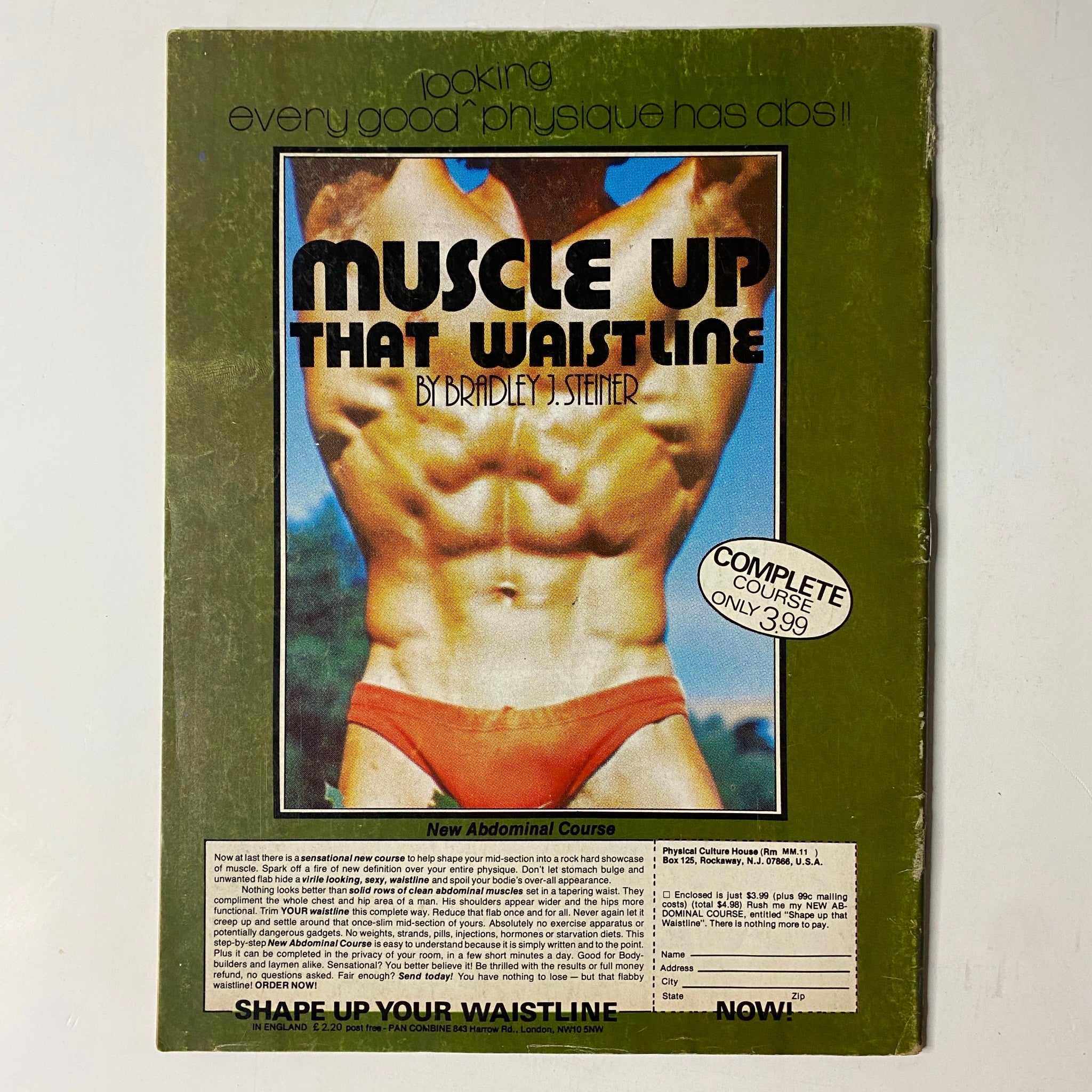 Cover of 'Muscle Up That Waistline' by Bradley J. Steiger, showcasing an muscular male torso in red swim trunks, promoting a course for abdominal fitness, with a focus on waistline shaping.