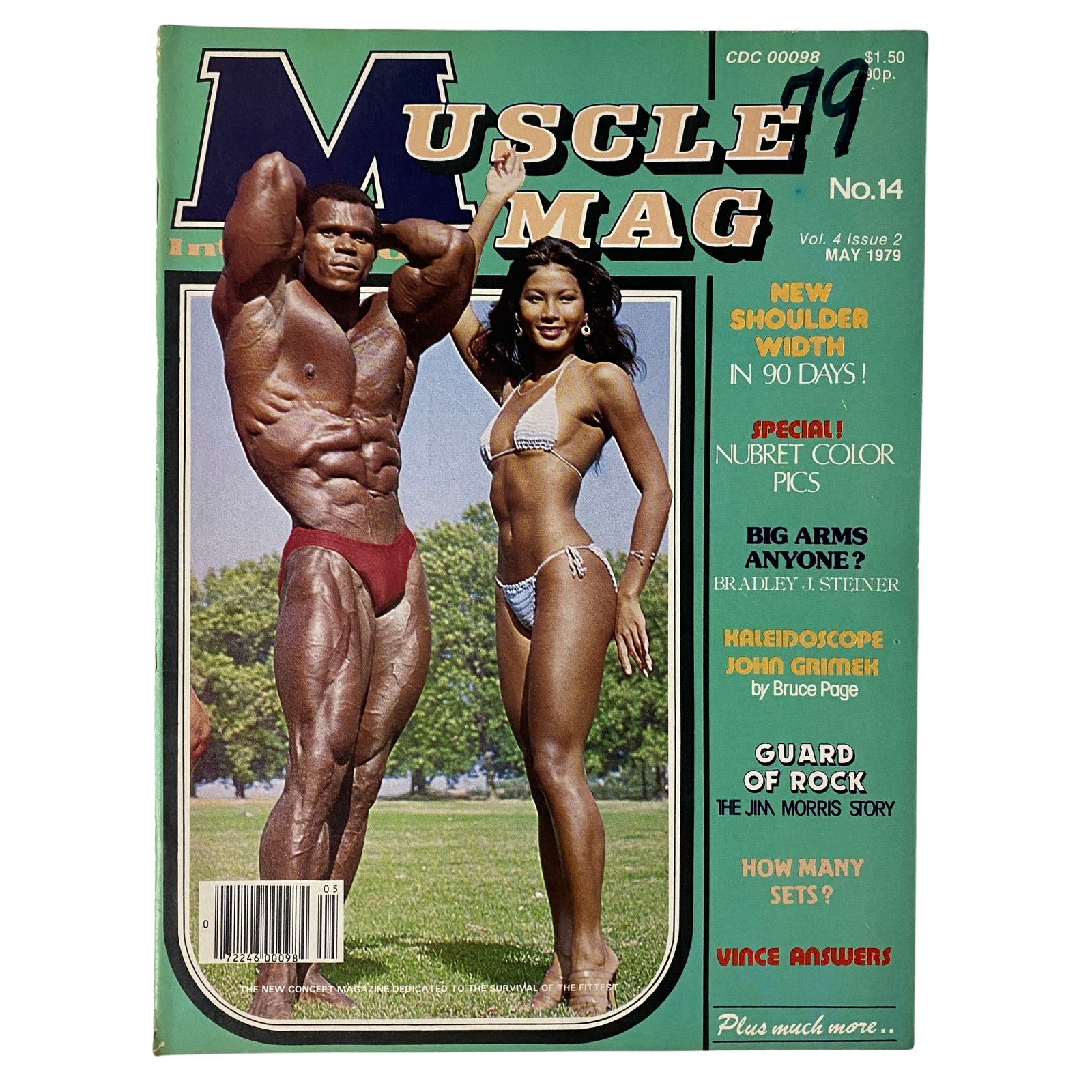 Cover of MuscleMag International Magazine May 1979 featuring Serge Nubret and Sandra Kong showcasing bodybuilding themes. Highlights include 'Add New Shoulder Width' and 'How Many Sets'. Vintage fitness publication.