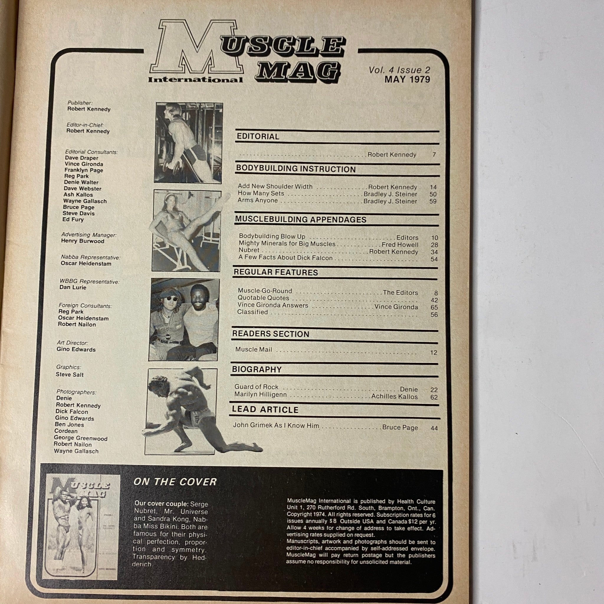 Contents page of MuscleMag International Magazine May 1979 listing editorial, bodybuilding instruction, and features. Details include contributions from Robert Kennedy and articles on bodybuilding techniques.