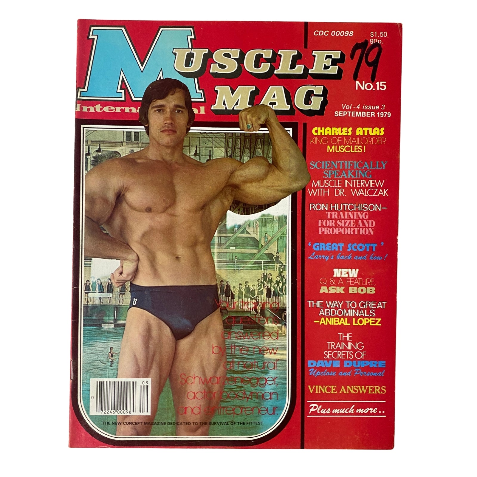 MuscleMag International Magazine September 1979 featuring a vintage cover with Arnold Schwarzenegger showcasing bodybuilding culture, sports insights, and training tips.