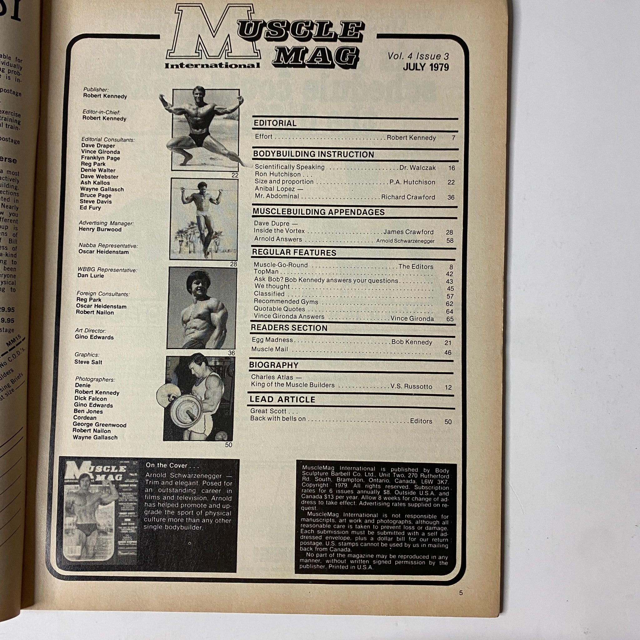 Inside page from MuscleMag International Magazine September 1979 featuring the editorial and contents including bodybuilding instruction, regular features, and biographies of famous bodybuilders. The issue spotlights Arnold Schwarzenegger and offers insights from fitness experts.