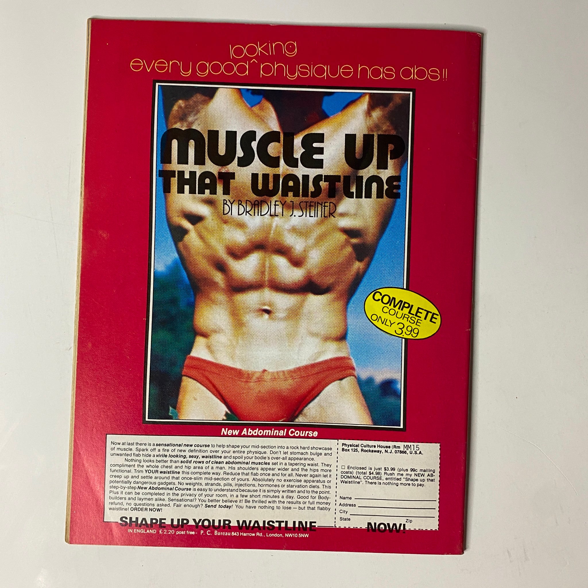 Back cover of MuscleMag International Magazine September 1979 promoting a fitness course titled 'Muscle Up That Waistline' by Bradley J. Steiner. The cover highlights the importance of abdominal training and features a muscular torso.