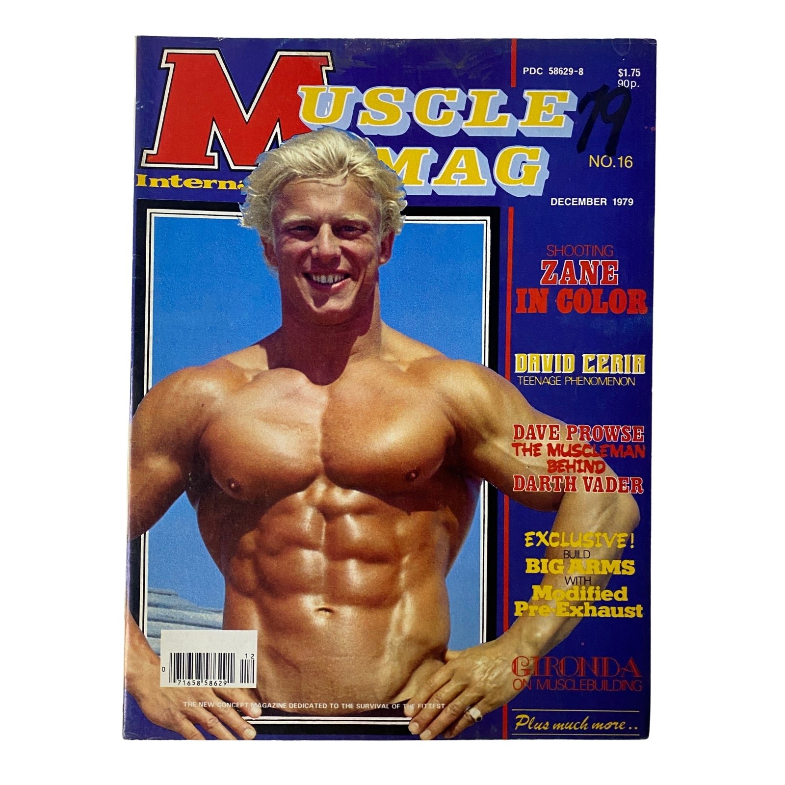 Cover of MuscleMag International Magazine December 1979 featuring Andreas Cahling, highlighting articles on bodybuilding techniques, training strategies, and the feature on Dave Prowse as Darth Vader.