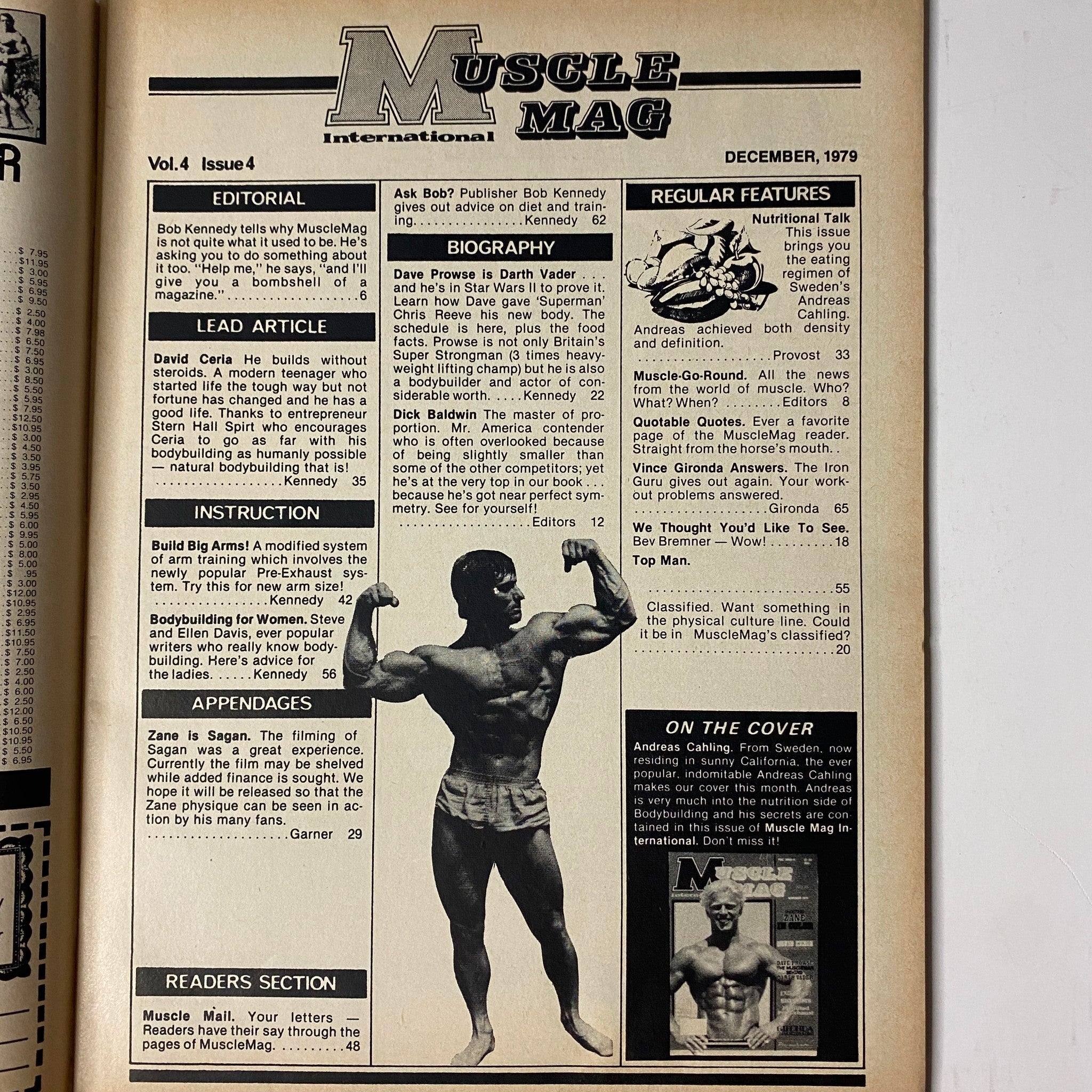 Interior page of MuscleMag International Magazine December 1979 displaying editorial content and biographies, including features on Dave Prowse and bodybuilding training instructions.