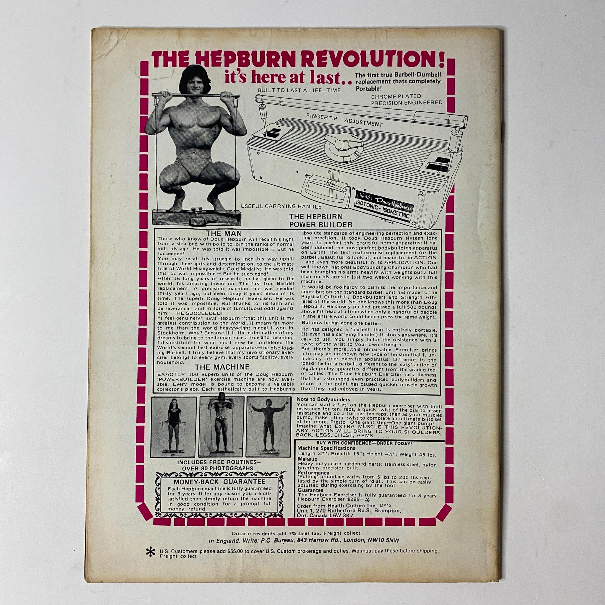 Back cover of MuscleMag International Magazine December 1979, advertising The Hepburn Revolution Power Builder, showcasing fitness equipment related to bodybuilding.
