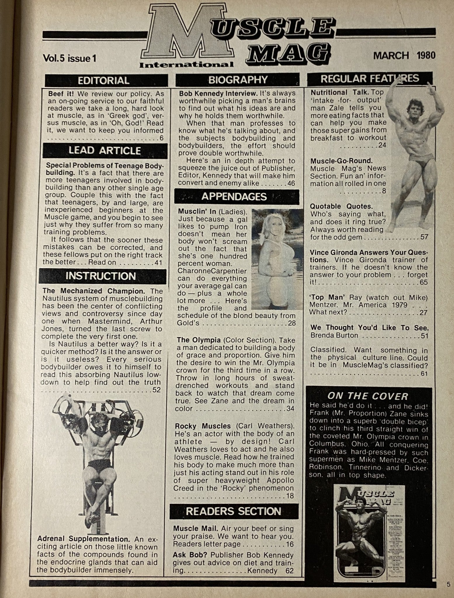 Interior page of MuscleMag International Magazine March 1980, displaying articles and features including 'Beef It!' editorial and 'Special Problems of Teenage Bodybuilding.'