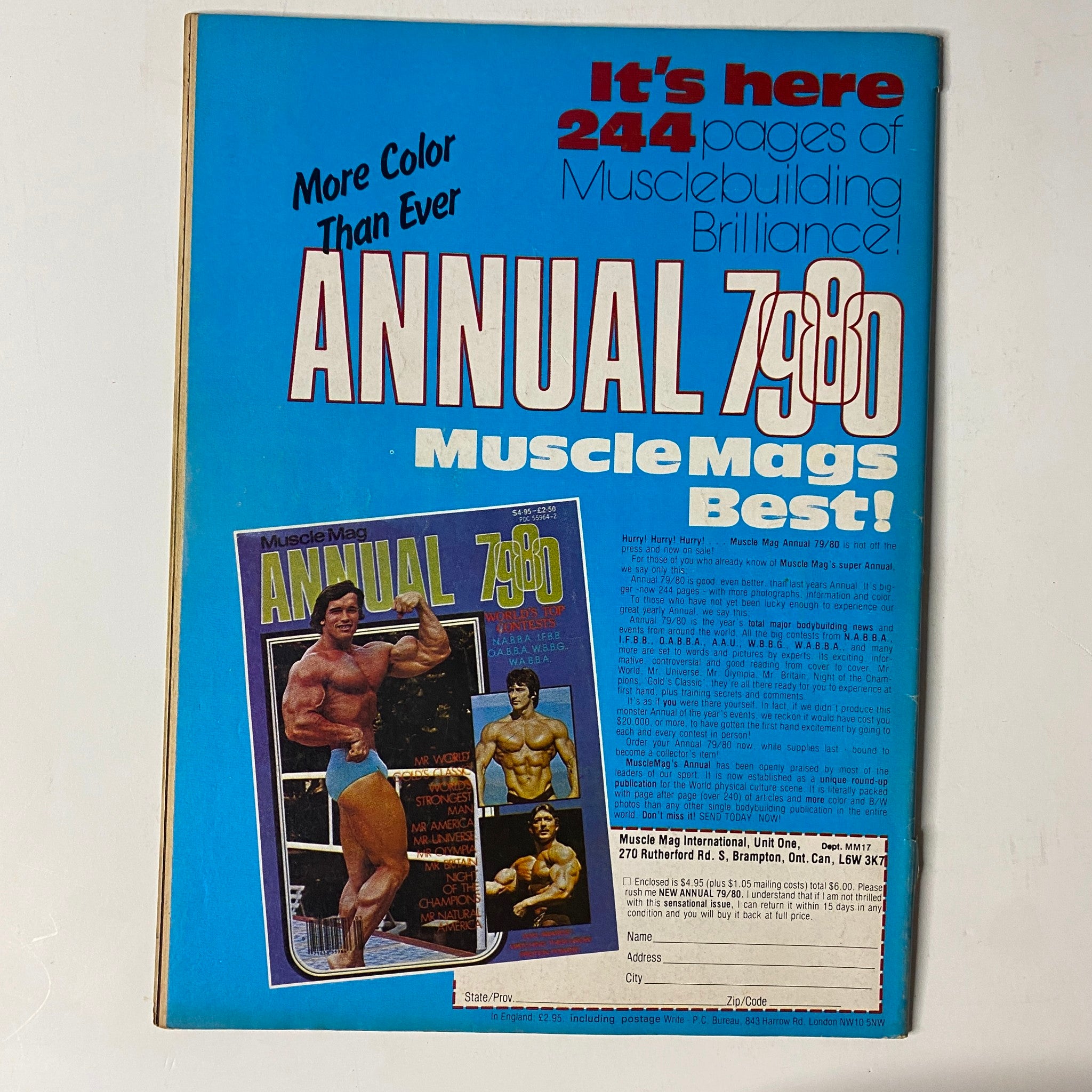 Back cover of MuscleMag International Magazine March 1980, advertising the Annual 1980 issue with a promotional design emphasizing muscle building content.