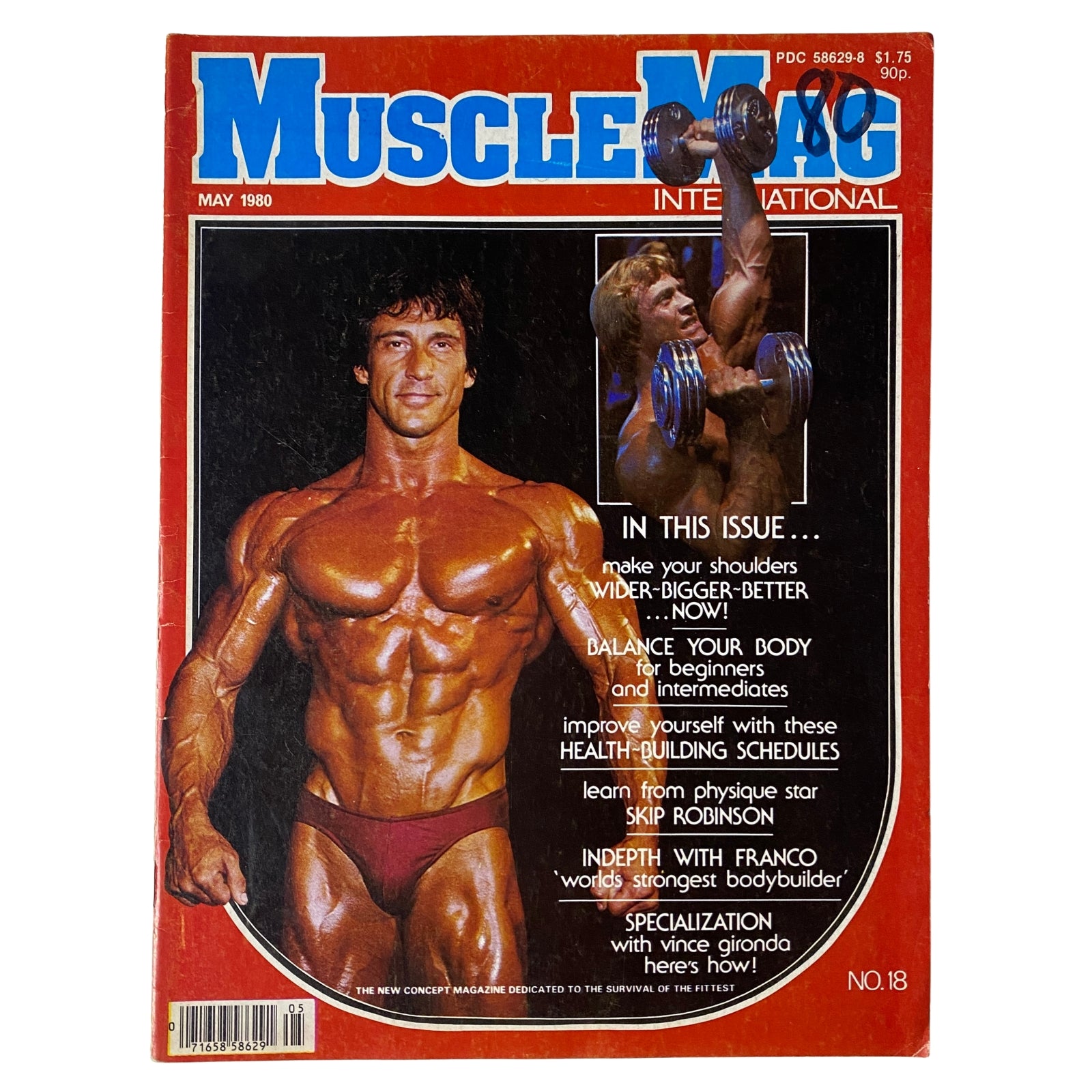 MuscleMag International Magazine May 1980 featuring Frank Zane on the cover, showcasing bodybuilding tips and highlights from the golden era of bodybuilding.