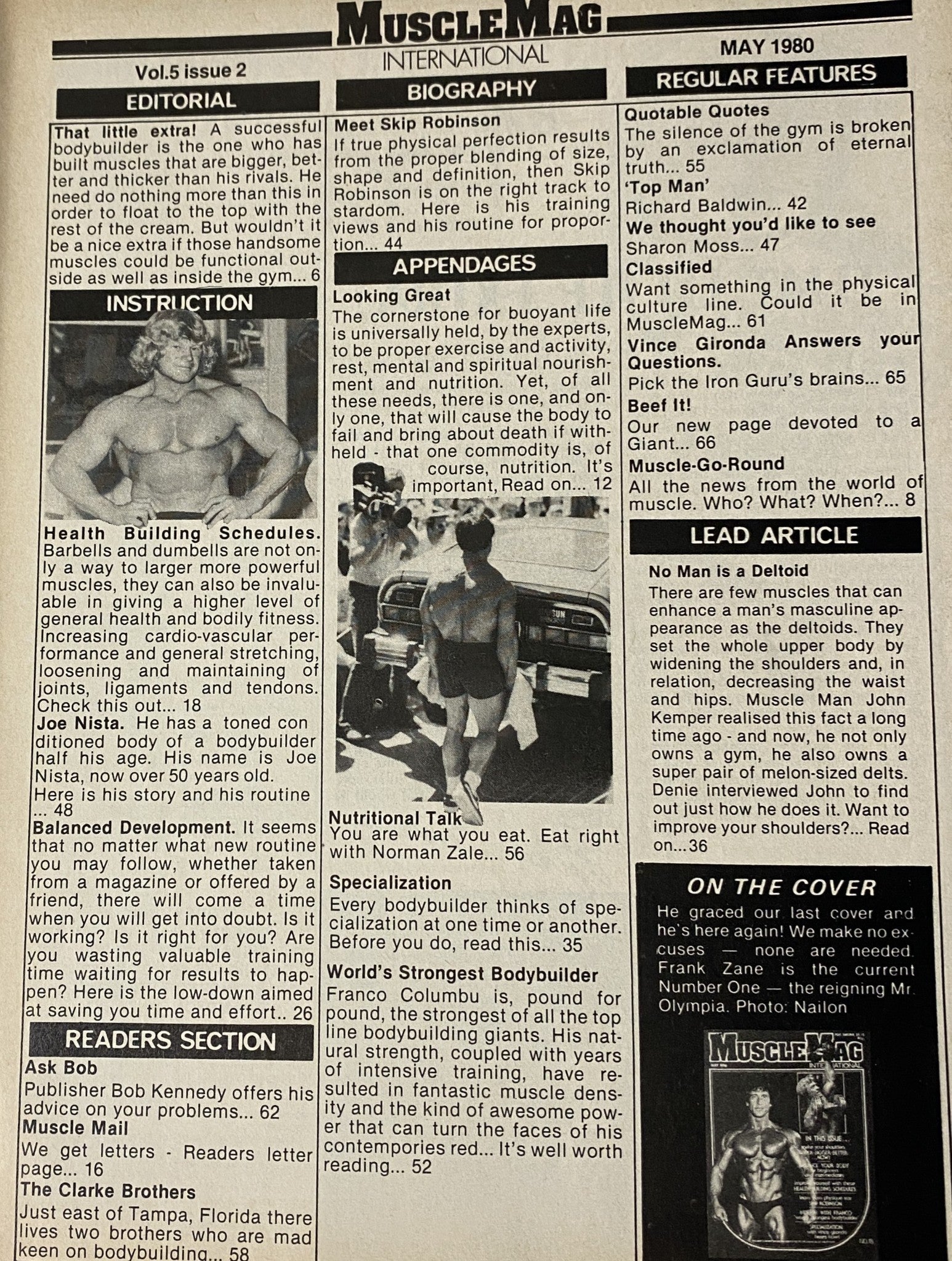 May 1980 issue of MuscleMag International Magazine featuring Frank Zane. Highlights include articles on bodybuilding techniques, nutrition, and profiles of top athletes from the sport's golden era.