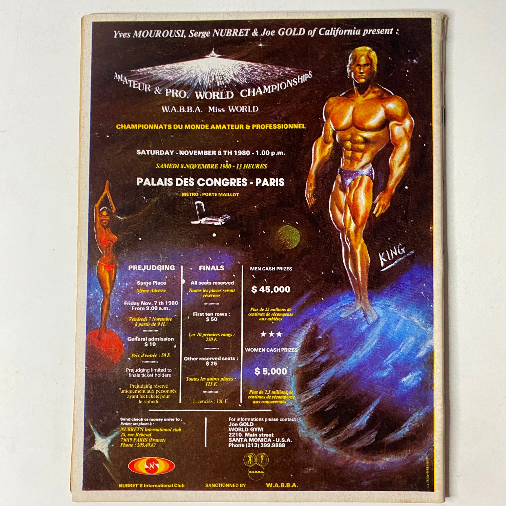 Poster for the Amateur & Pro World Championships W.A.B.B.A. Miss World taking place on November 8, 1980 in Paris. Features a muscular figure and details about the event.