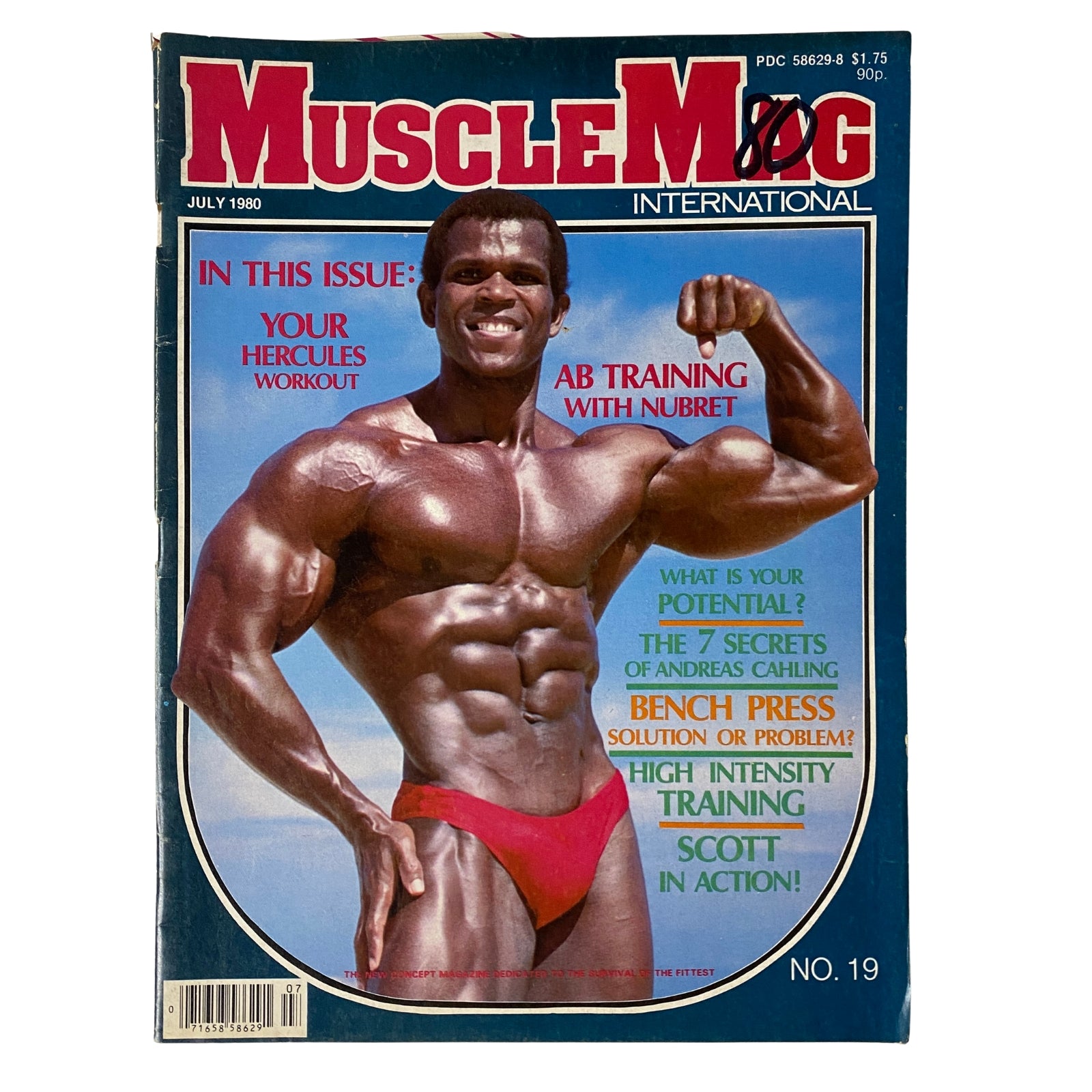 Cover of MuscleMag International Magazine July 1980 featuring Serge Nubret showcasing his impressive physique and announcing articles on ab training and workout routines.