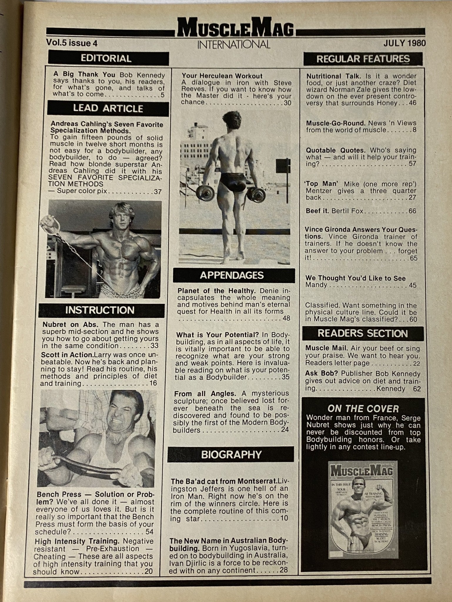 Inside page of MuscleMag International Magazine July 1980 displaying the editorial, lead article, and regular features about bodybuilding, including training insights from industry legends.