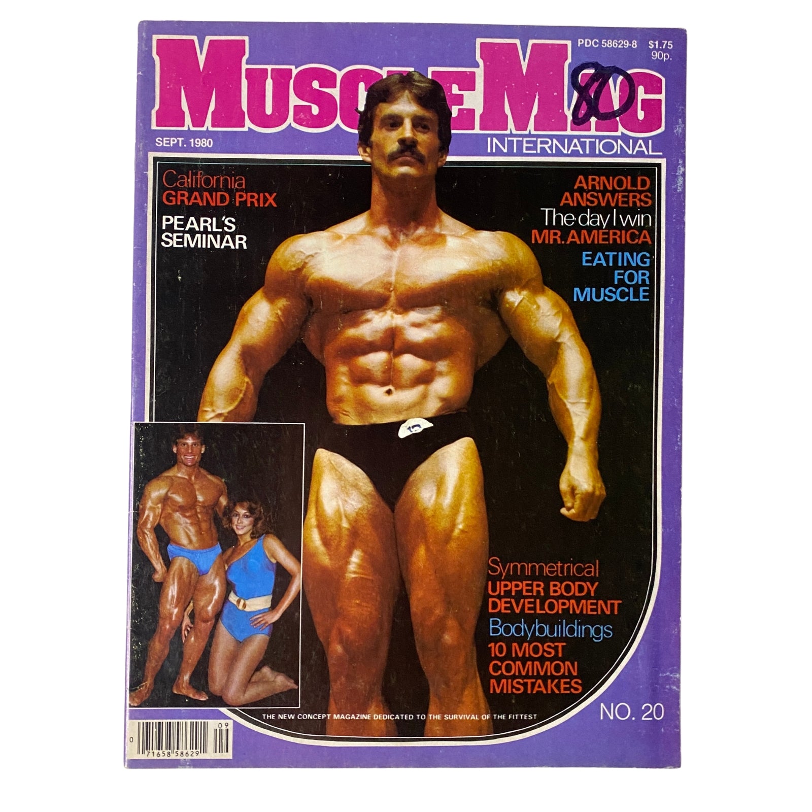 Cover of MuscleMag International Magazine September 1980 No. 20 featuring Mike Mentzer showcasing his iconic physique and the headline topics such as Arnold's advice and symmetrical upper body development.