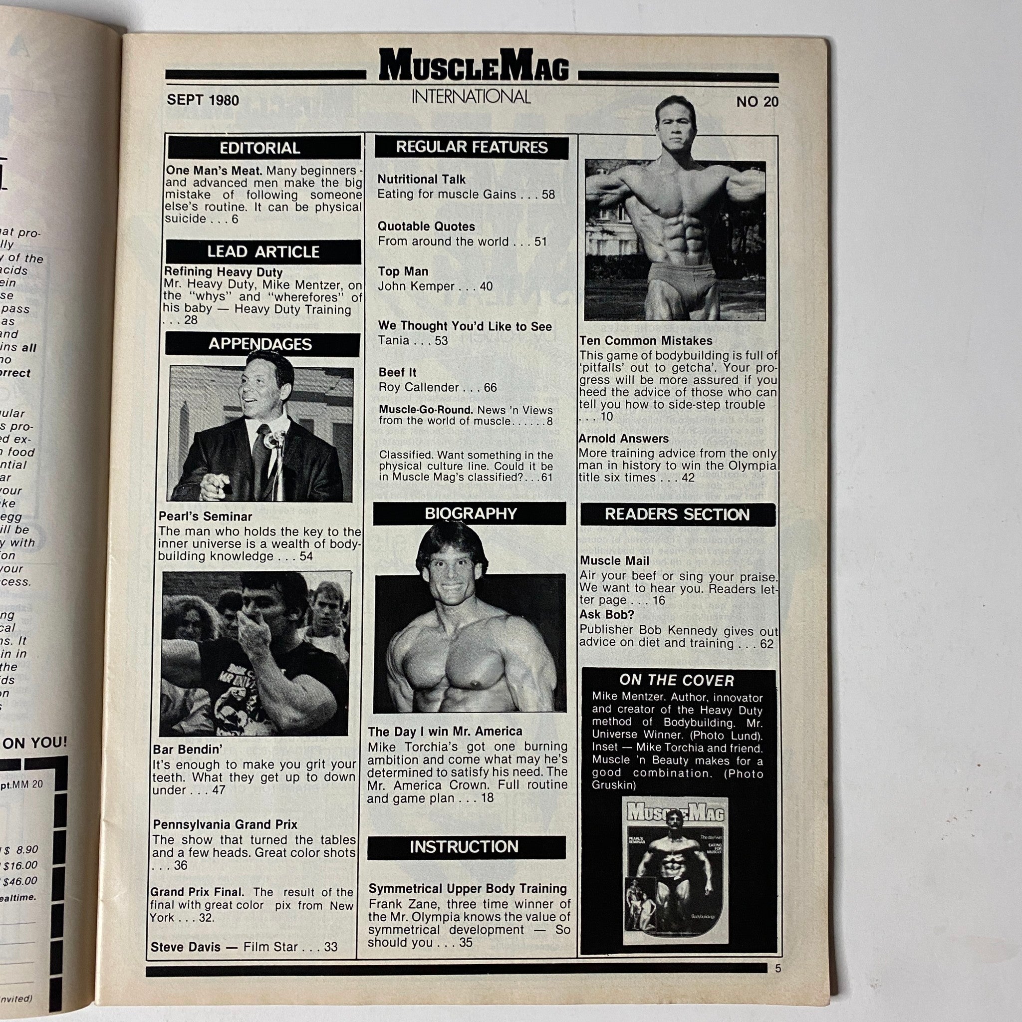 Interior page of MuscleMag International Magazine September 1980 No. 20, displaying the editorial section, articles including 'Heavy Duty Training' by Mike Mentzer, and features on bodybuilding topics.