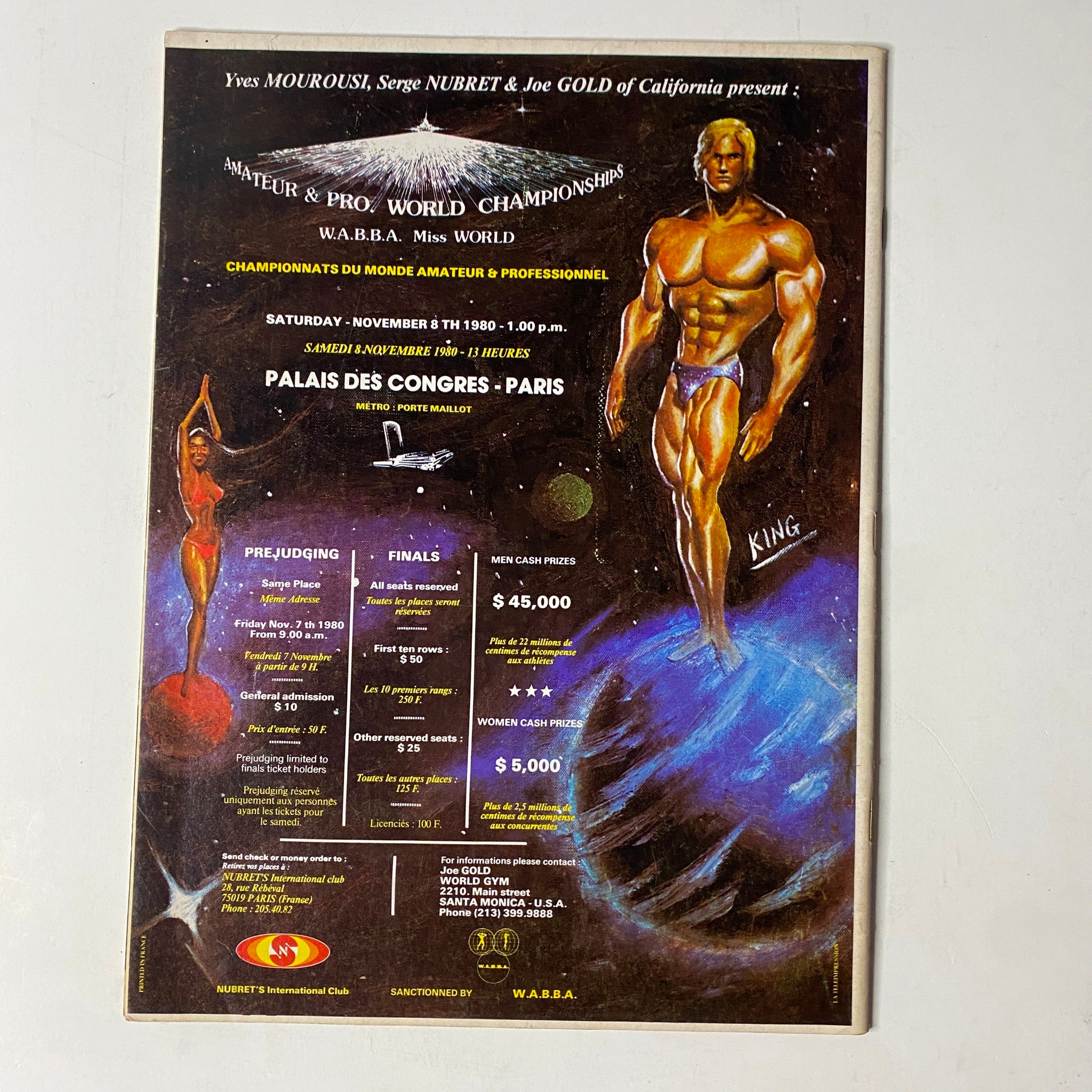 Back cover of MuscleMag International Magazine September 1980 No. 20, advertising the W.A.B.B.A. Amateur and Pro World Championships with an artistic illustration of a bodybuilder and event details.
