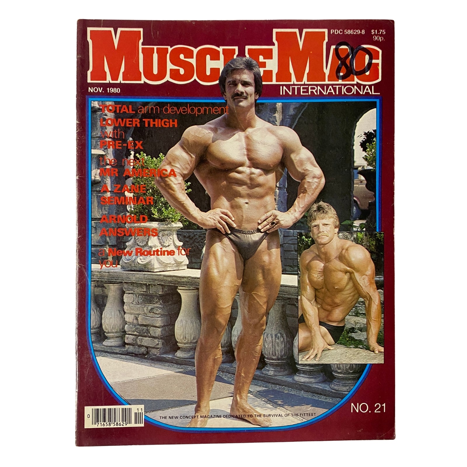Cover of MuscleMag International Magazine November 1980 No. 21 featuring a muscular male model and promotional text about bodybuilding, including a Frank Zane seminar.