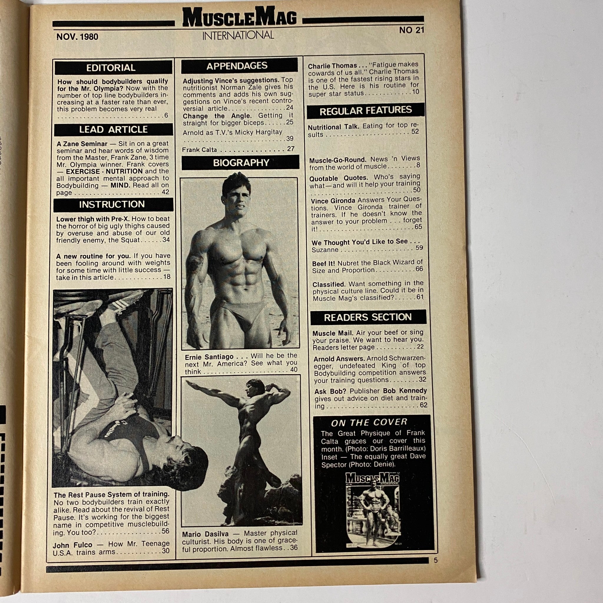 Interior page of MuscleMag International Magazine November 1980 No. 21 showcasing editorial content, biographies, and regular features related to bodybuilding and fitness.