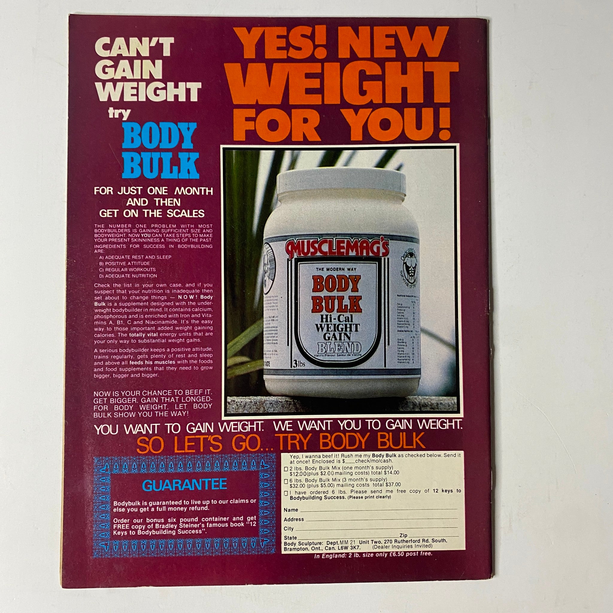 MuscleMag International Magazine November 1980 No. 21 Frank Calta No Label VG advertisement for Body Bulk weight gain product, highlighting its benefits and usage instructions for bodybuilders.