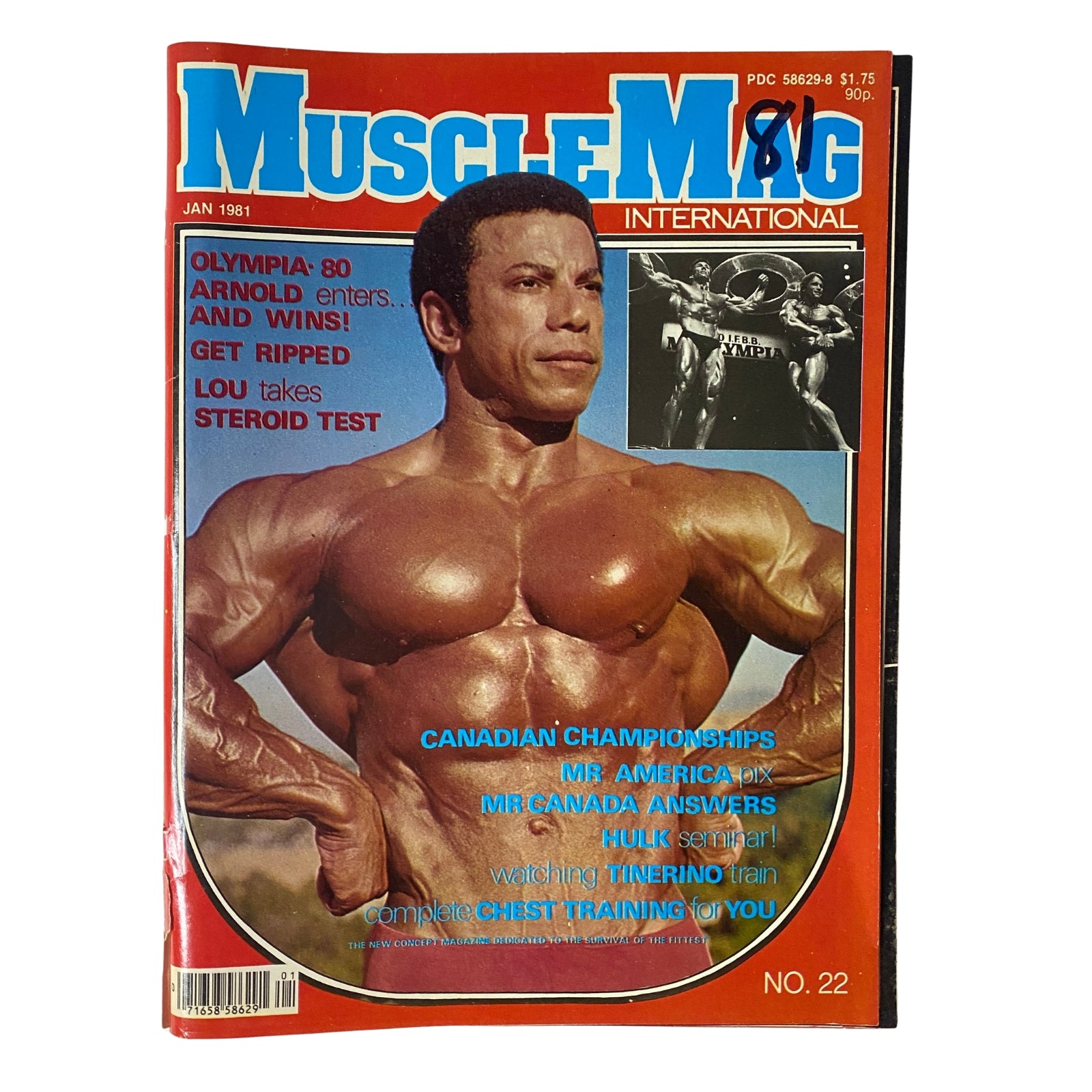 MuscleMag International Magazine January 1981 No. 22 featuring Chris Dickerson on the cover, showcasing bodybuilding highlights including Arnold Schwarzenegger, Lou Ferrigno, and Dennis Tinerino.