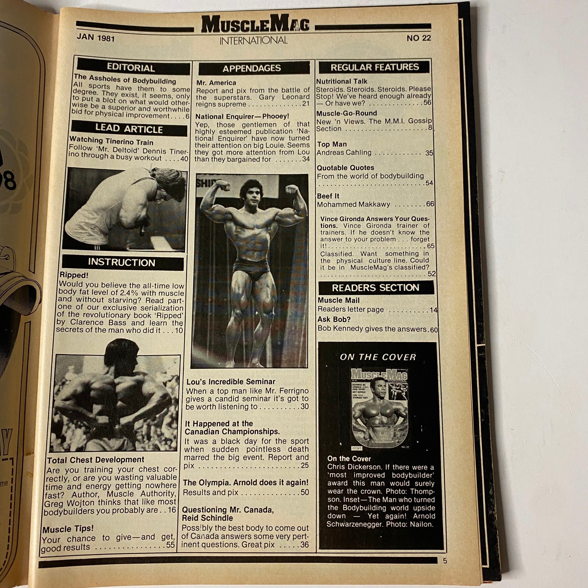 Interior page of MuscleMag International Magazine January 1981 No. 22 displaying editorial content including articles on bodybuilding topics like Mr. America and Lou Ferrigno's seminar.