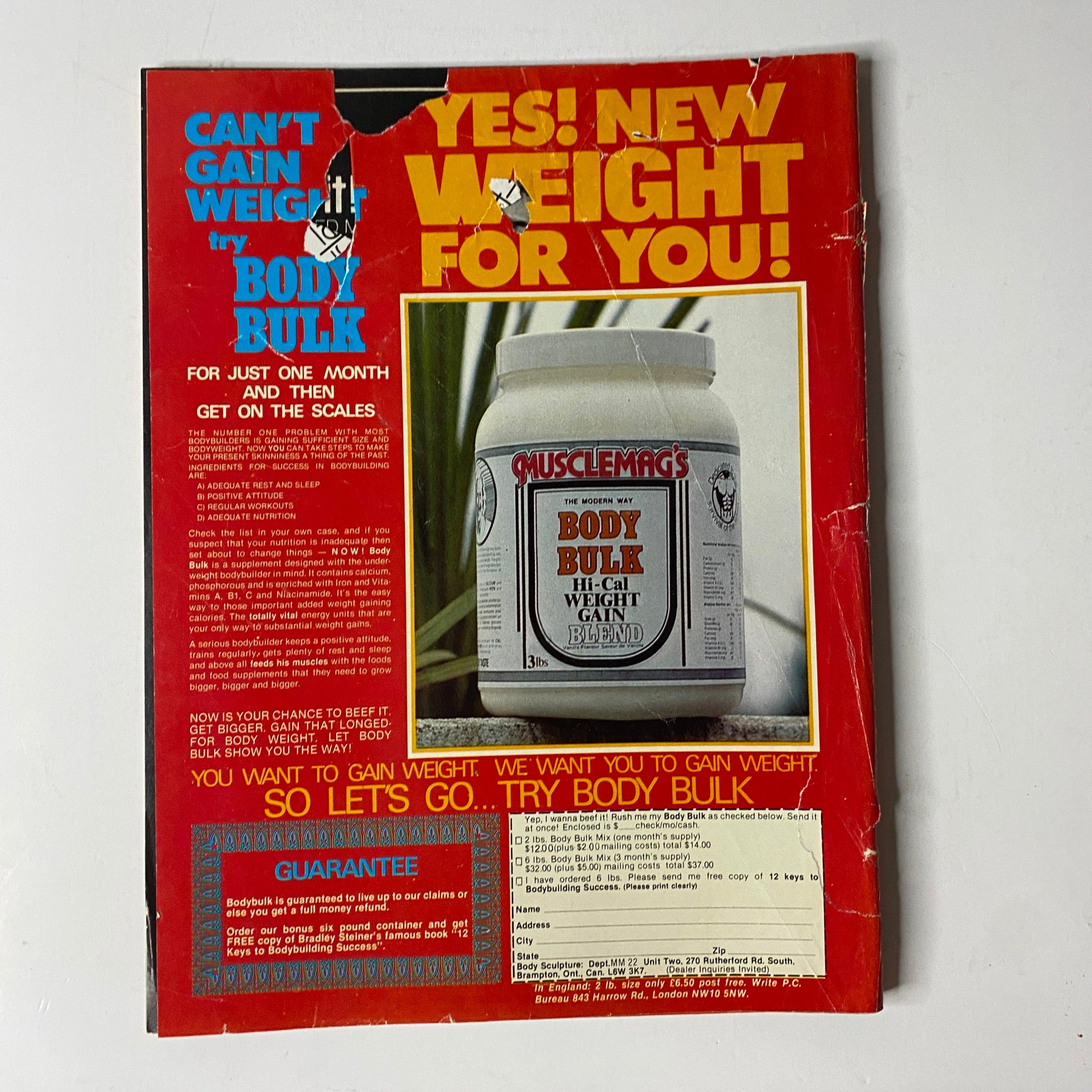 Back cover of MuscleMag International Magazine January 1981 No. 22 advertising Body Bulk weight gain product.