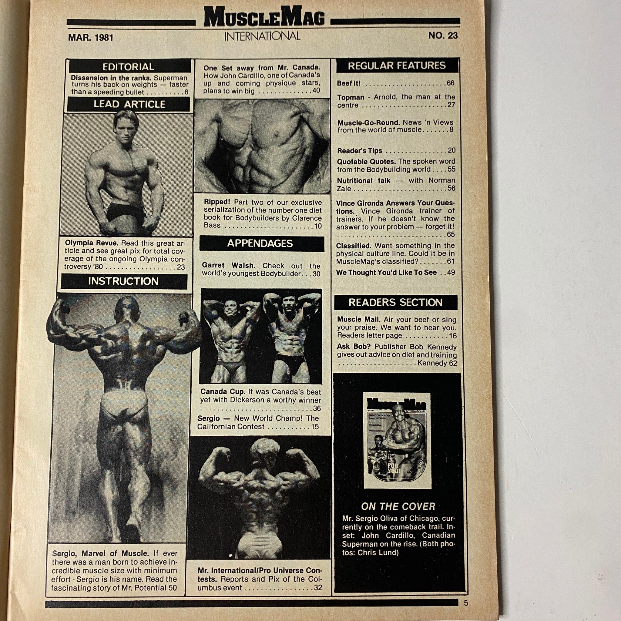 Interior page of MuscleMag International Magazine March 1981 No. 23 featuring lead articles, instruction sections, and highlights on bodybuilding topics including editorial from Sergio Oliva and coverage of Canada Cup.