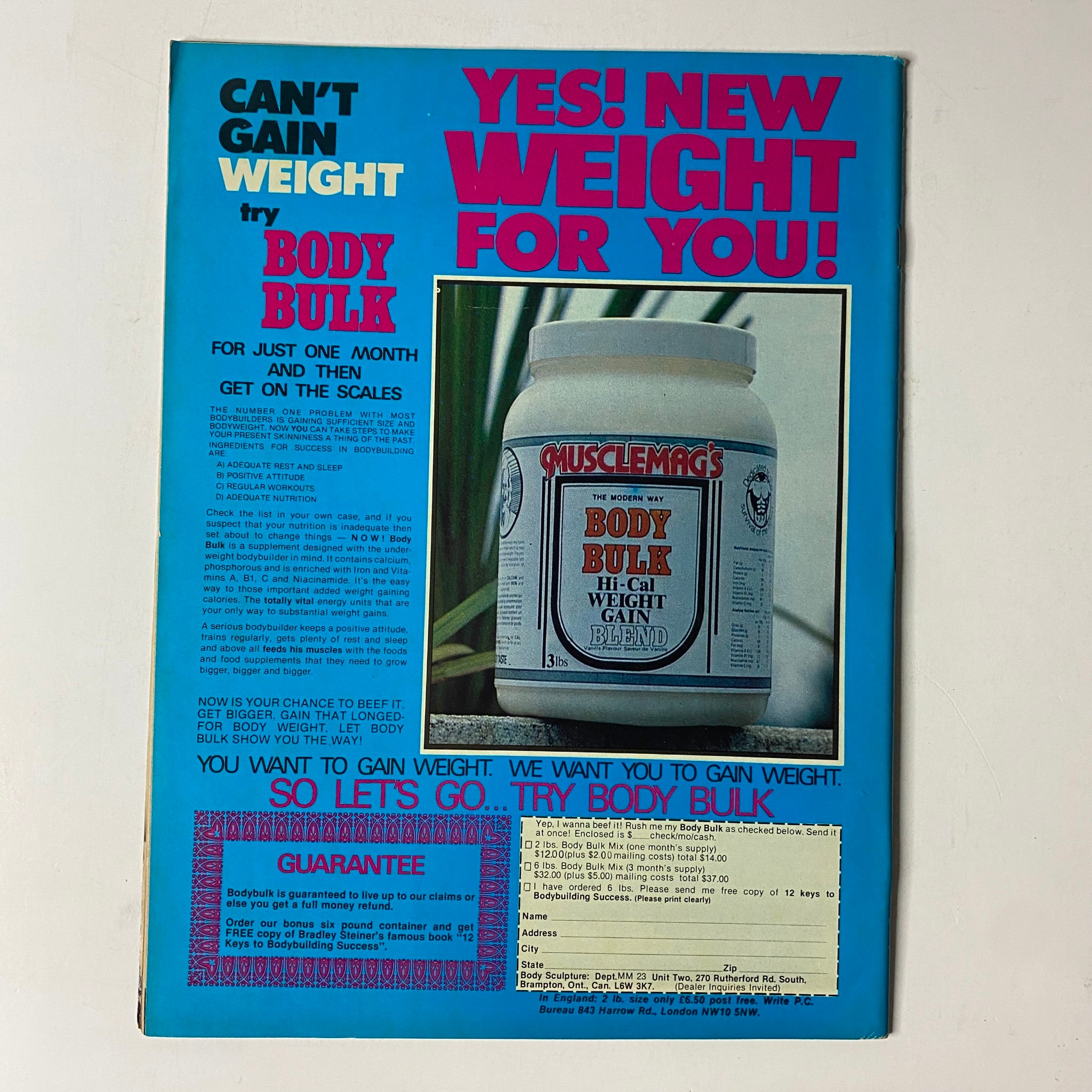 Back cover advertisement of MuscleMag International Magazine March 1981 No. 23 promoting Body Bulk weight gain product, emphasizing its benefits for bodybuilders looking to increase mass.