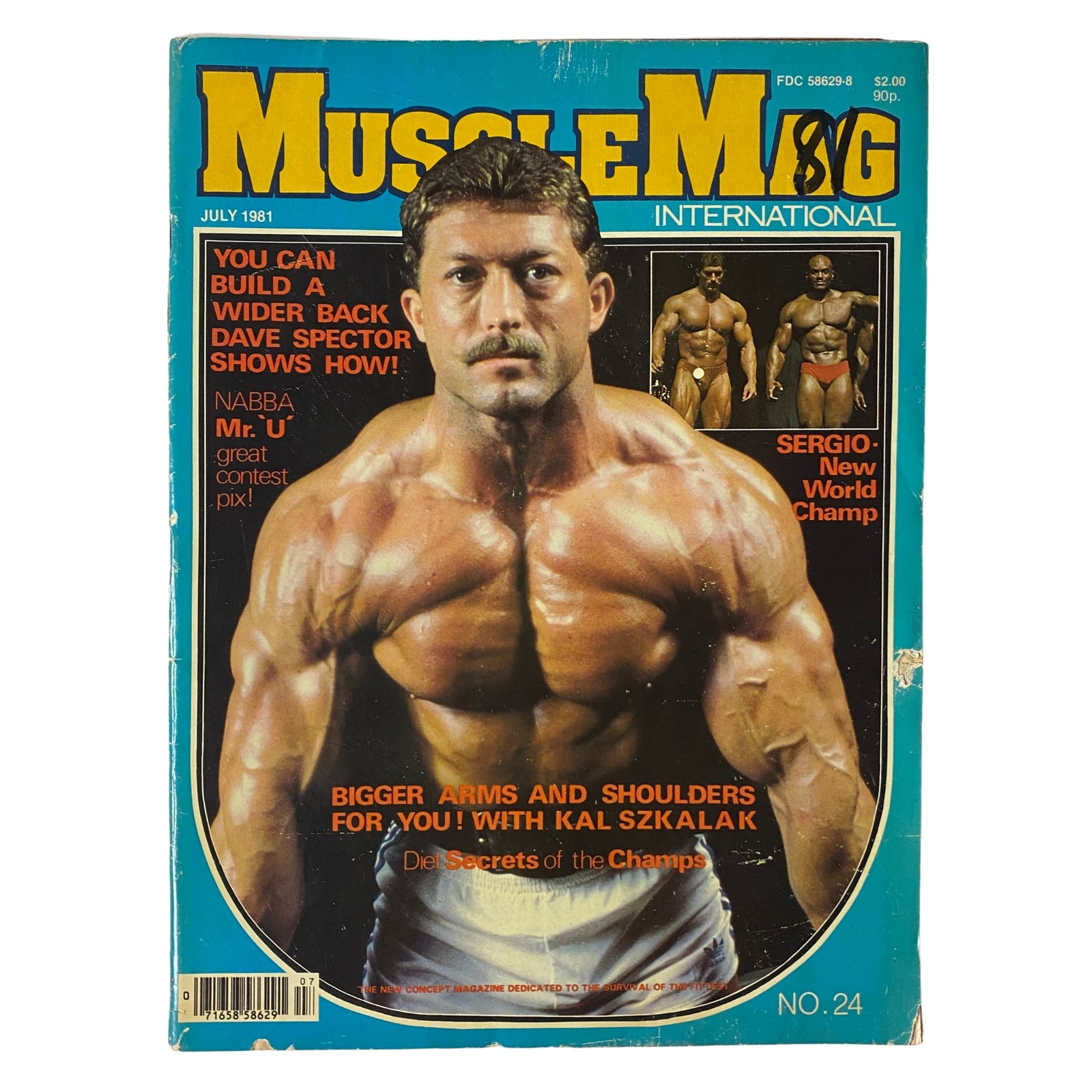 Cover of MuscleMag International Magazine July 1981 No. 24 featuring Kal Szkalak, showcasing his muscular physique and promoting shoulder and arm training, alongside highlights like NABBA Mr. Universe and diet secrets for bodybuilders.