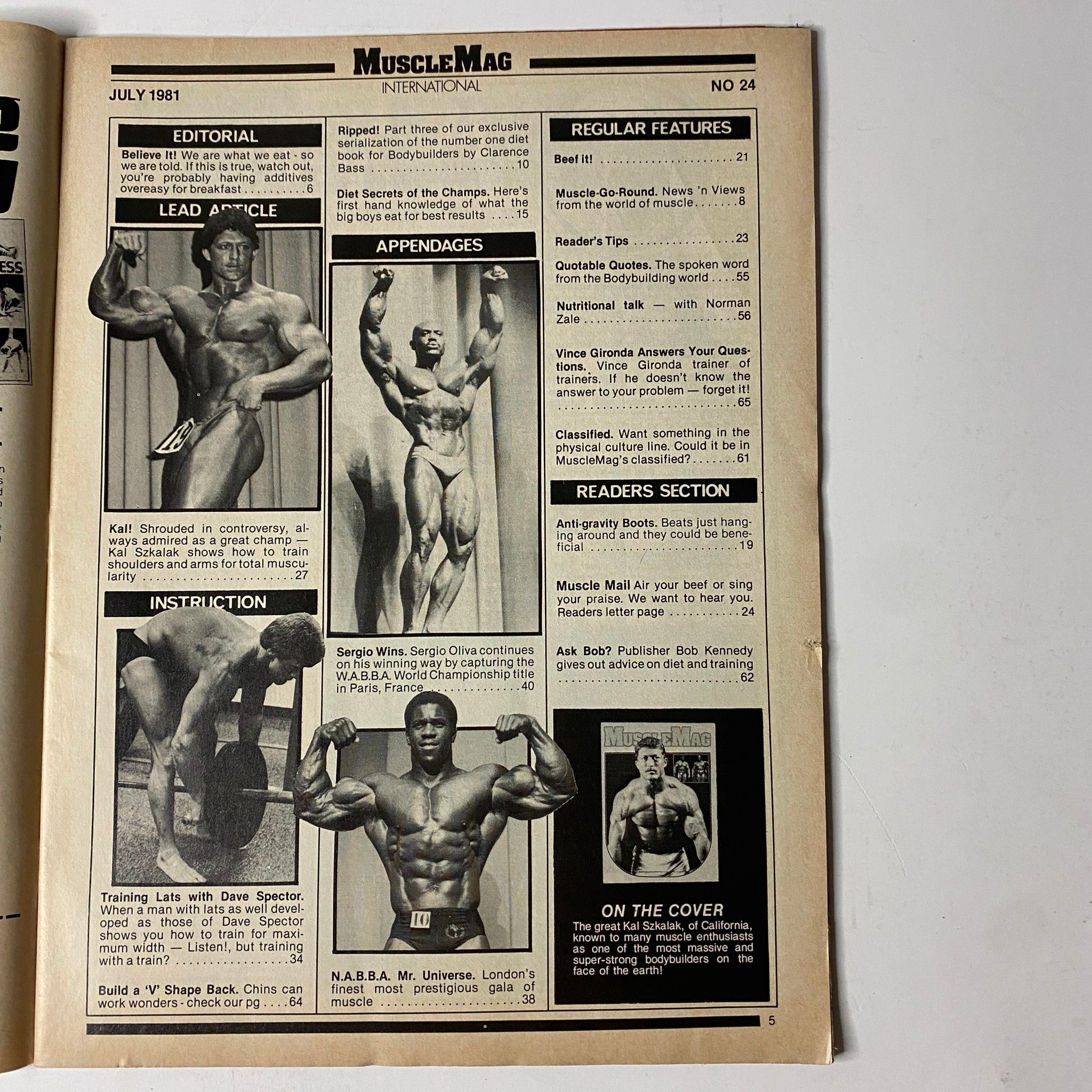 Interior page from MuscleMag International Magazine July 1981 No. 24, displaying articles on bodybuilding training techniques, nutritional advice, and features on prominent bodybuilders like Kal Szkalak and Sergio Oliva.