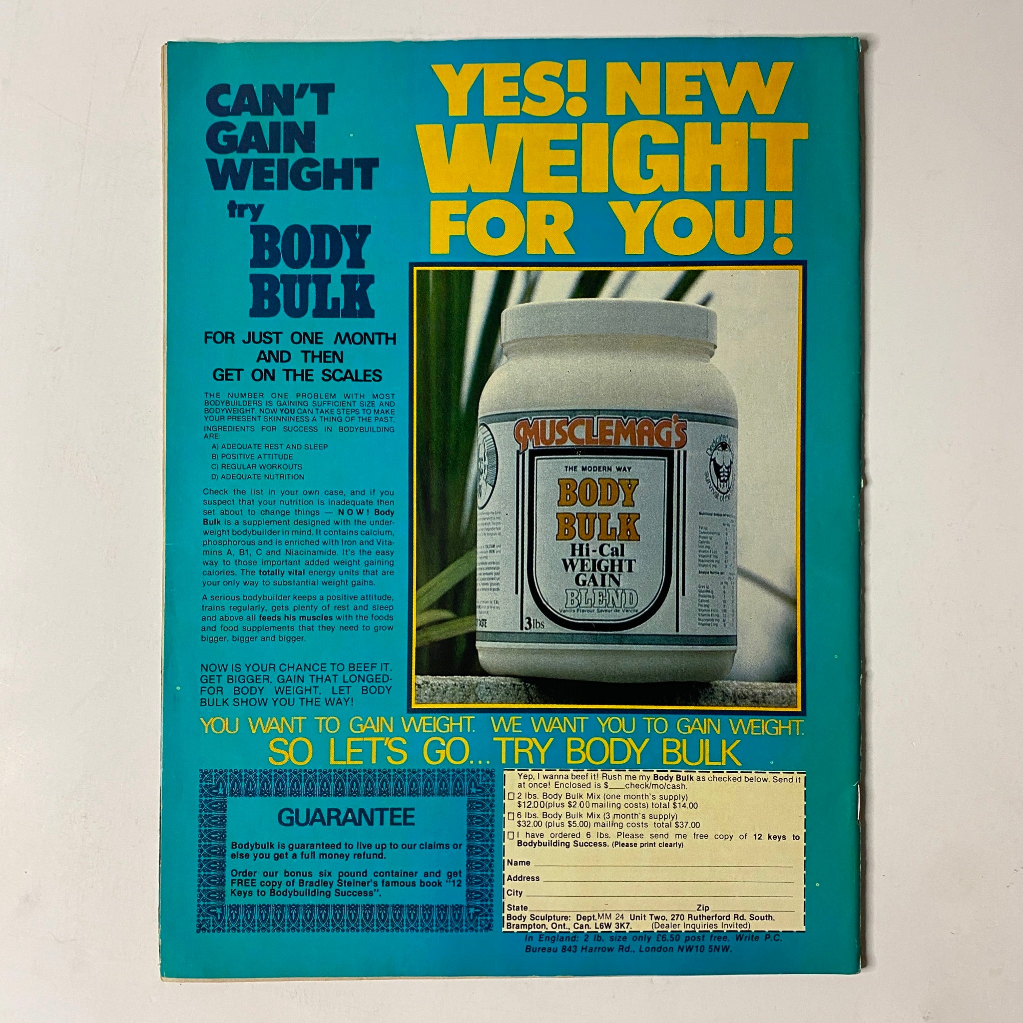 Advertisement for MuscleMag's Body Bulk, showcasing a product aimed at increasing body weight, featured in MuscleMag International Magazine July 1981 No. 24, with bold blue text and a tropical plant backdrop.